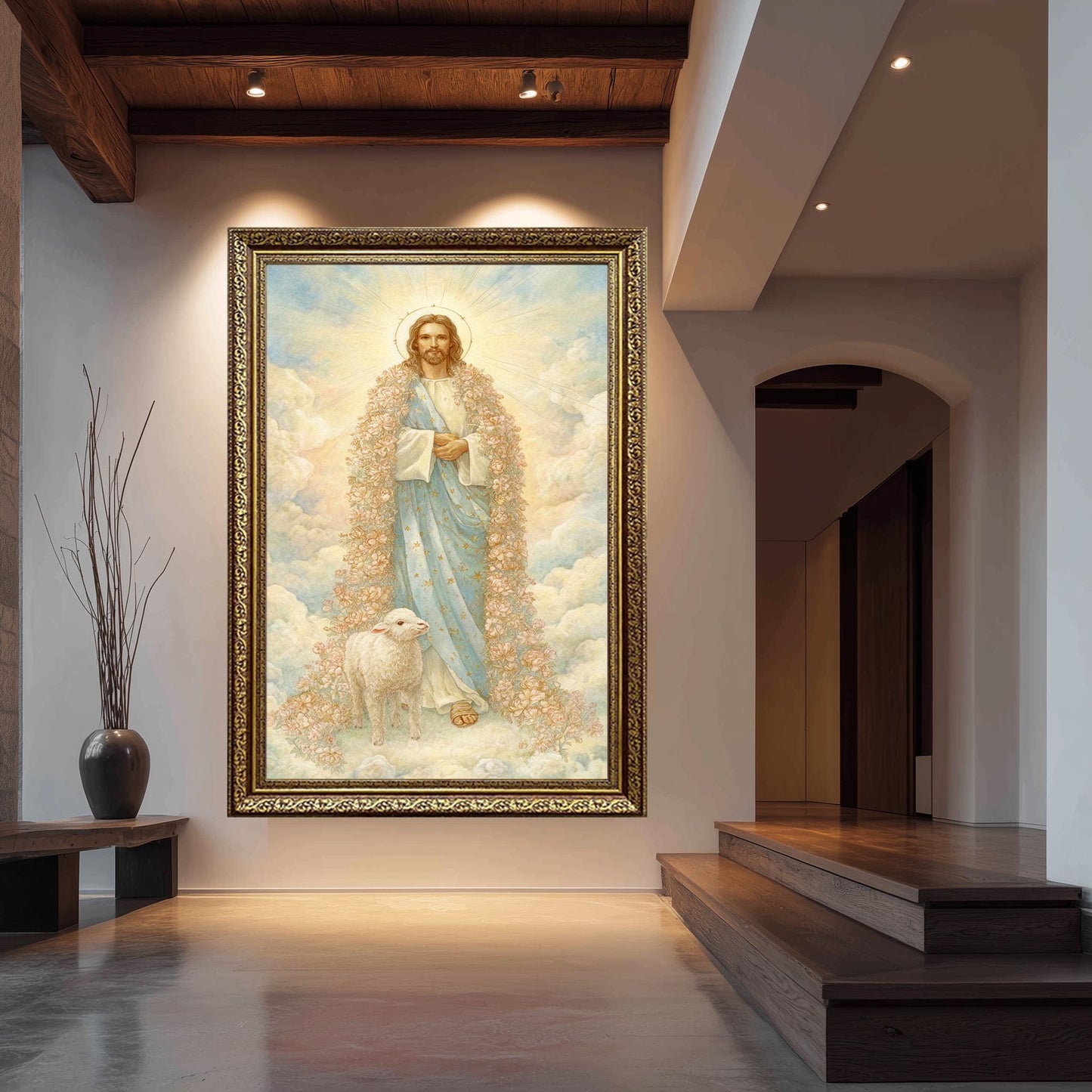 Jesus Christ Wall Art Print Pastel Storybook Style with Lamb and Floral Robe Spiritual Christian Decor for Nursery or Prayer Room Jesus Art