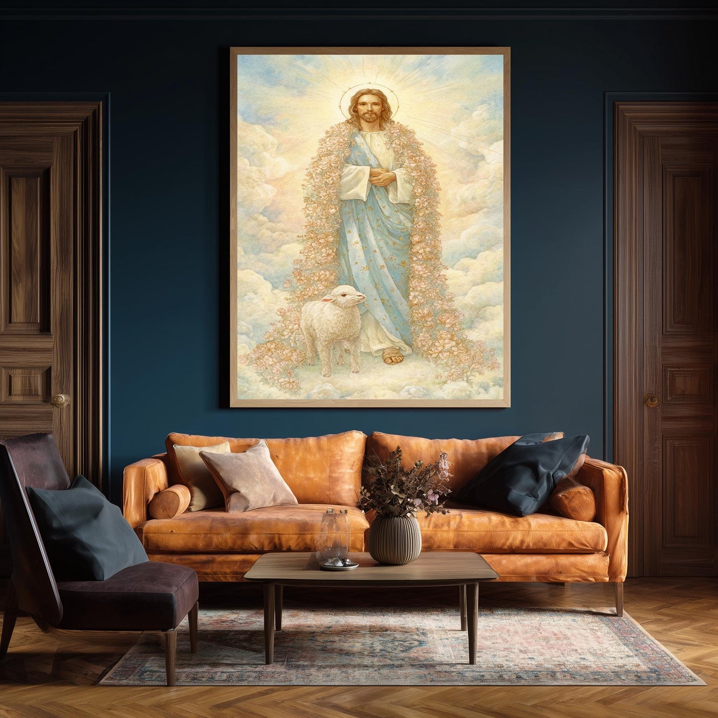 Jesus Christ Wall Art Print Pastel Storybook Style with Lamb and Floral Robe Spiritual Christian Decor for Nursery or Prayer Room Jesus Art