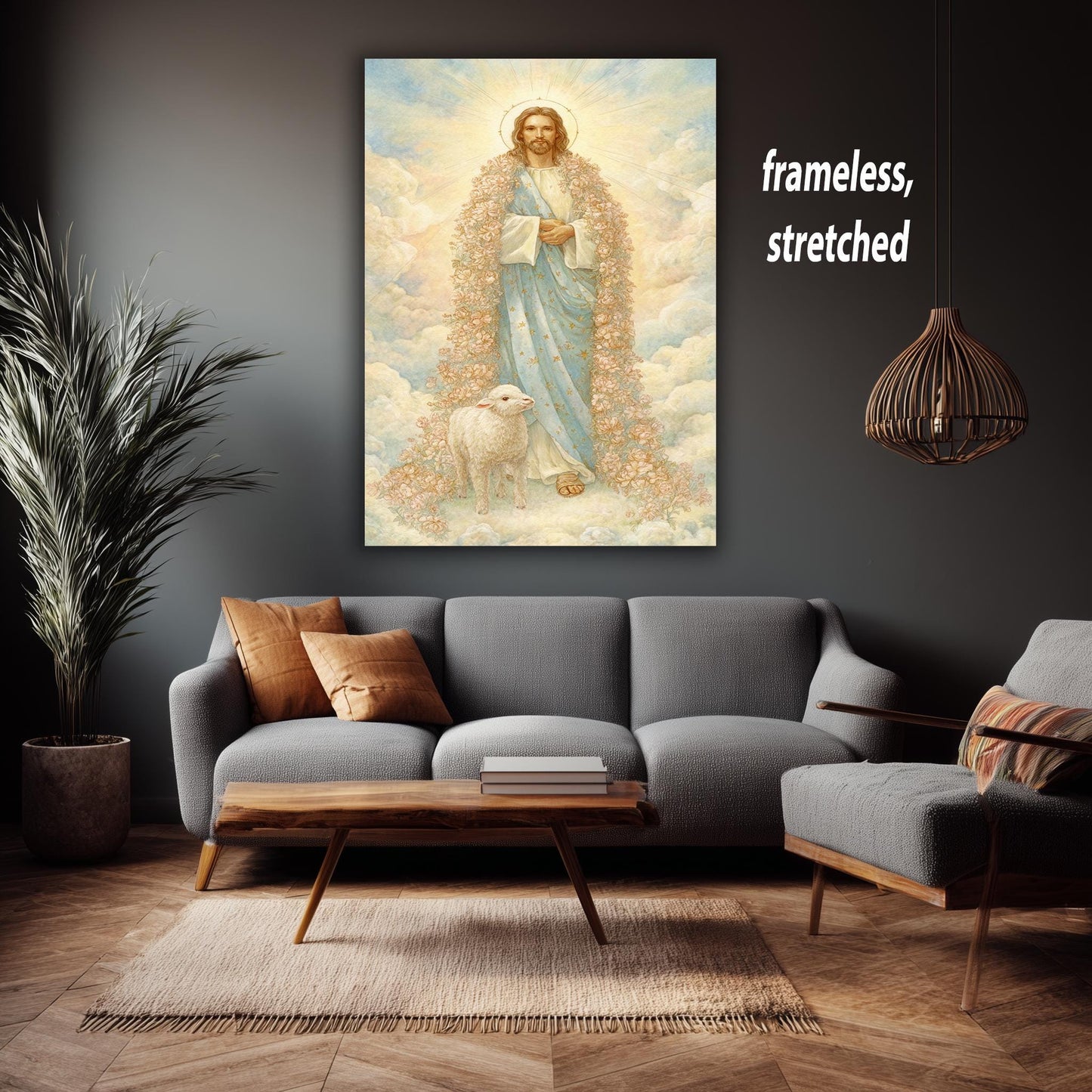 Jesus Christ Wall Art Print Pastel Storybook Style with Lamb and Floral Robe Spiritual Christian Decor for Nursery or Prayer Room Jesus Art