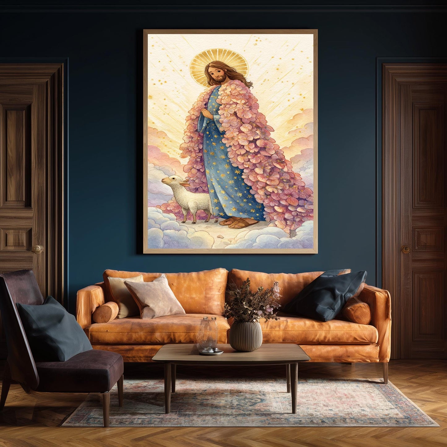Jesus Christ Art Print in Pastel Storybook Style with Pink Floral Robe and Lamb Christian Wall Decor for Nursery or Prayer Room Jesus Canvas