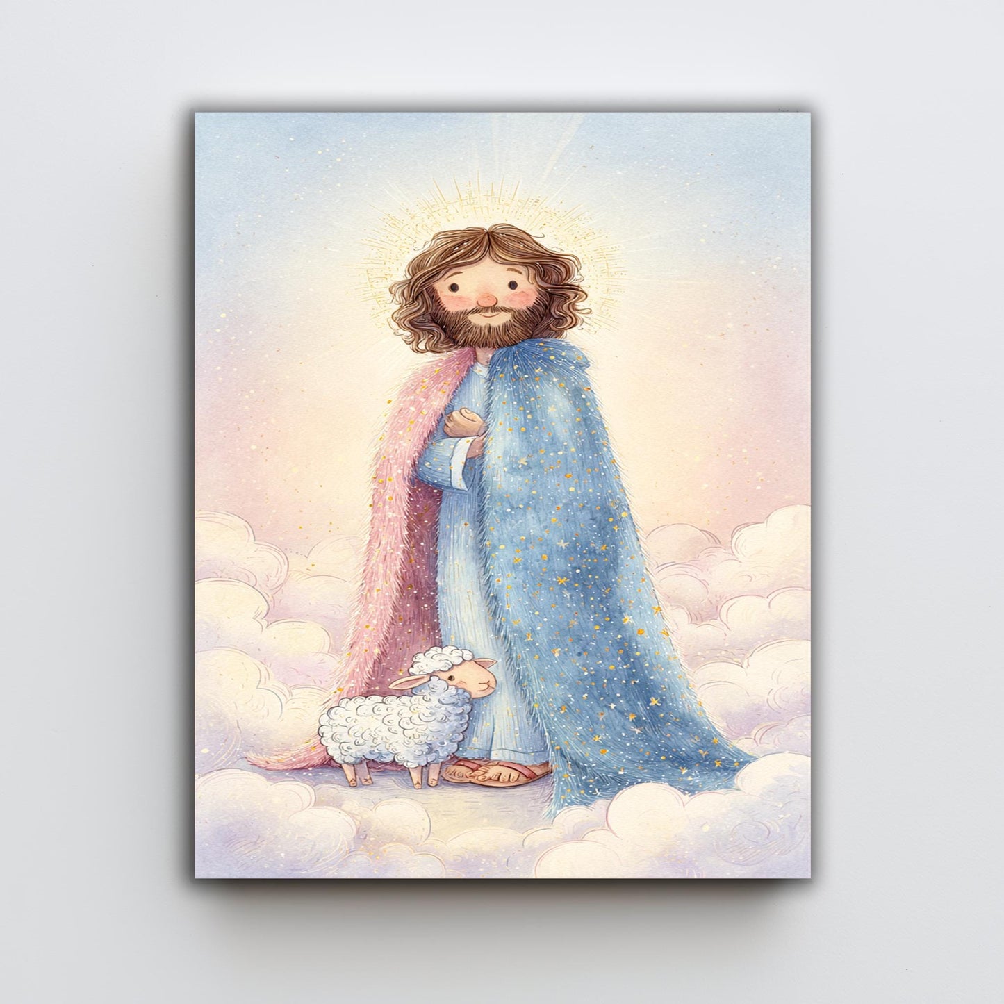 Jesus Christ Storybook Wall Art Print with Lamb and Starry Robe in Soft Pastel Christian Illustration for Nursery or Childs Room Decor