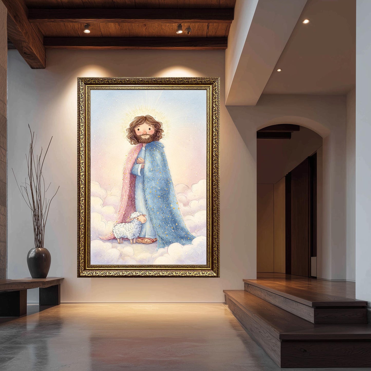 Jesus Christ Storybook Wall Art Print with Lamb and Starry Robe in Soft Pastel Christian Illustration for Nursery or Childs Room Decor