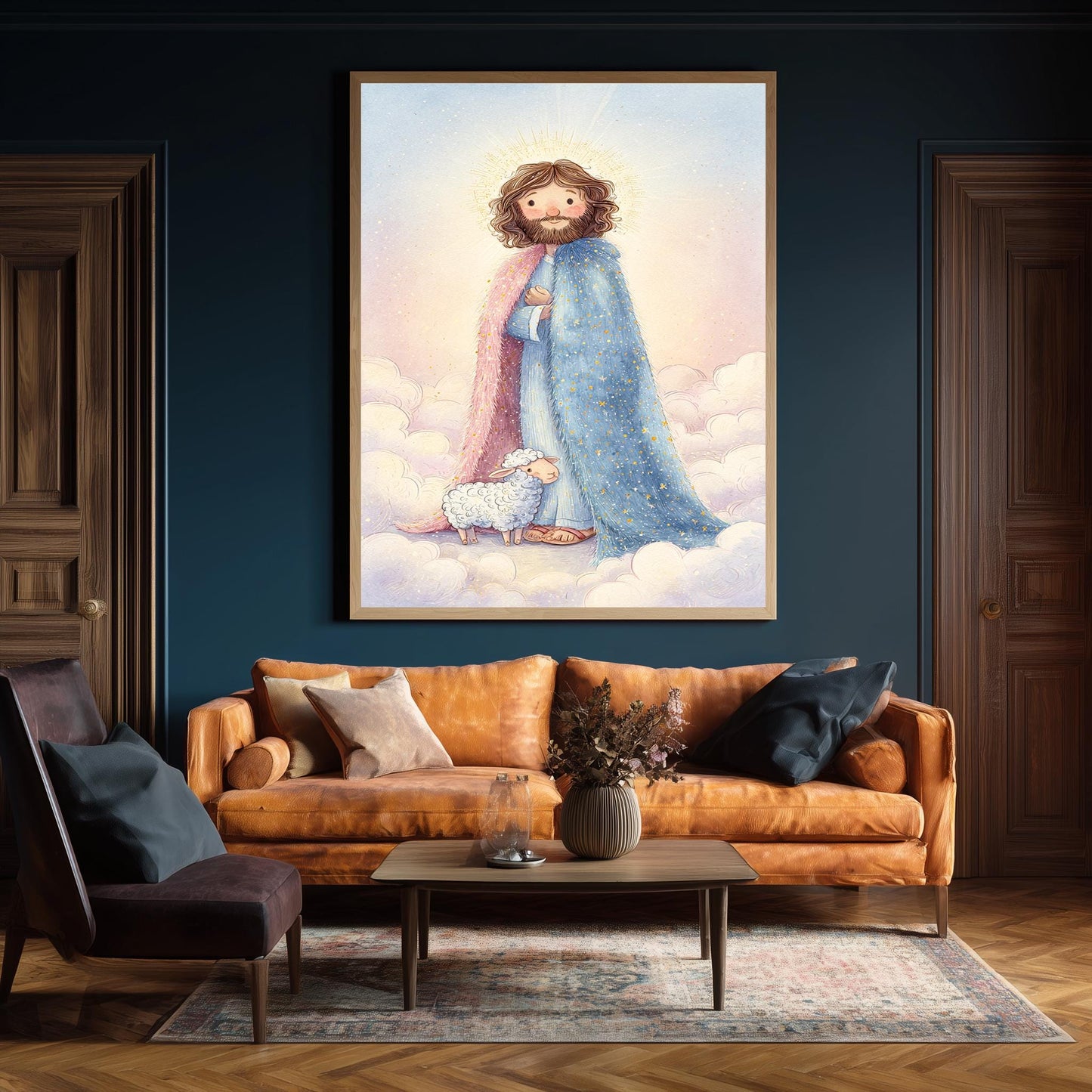Jesus Christ Storybook Wall Art Print with Lamb and Starry Robe in Soft Pastel Christian Illustration for Nursery or Childs Room Decor