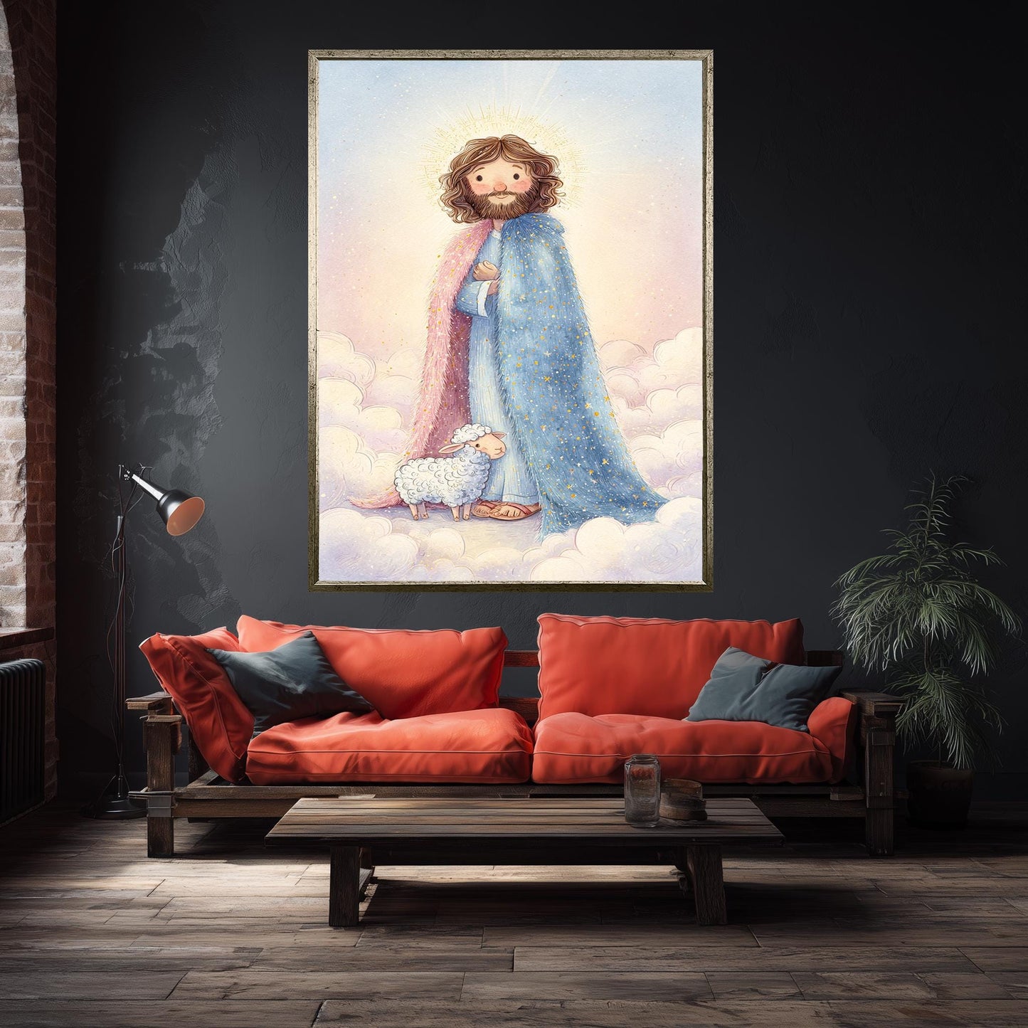 Jesus Christ Storybook Wall Art Print with Lamb and Starry Robe in Soft Pastel Christian Illustration for Nursery or Childs Room Decor