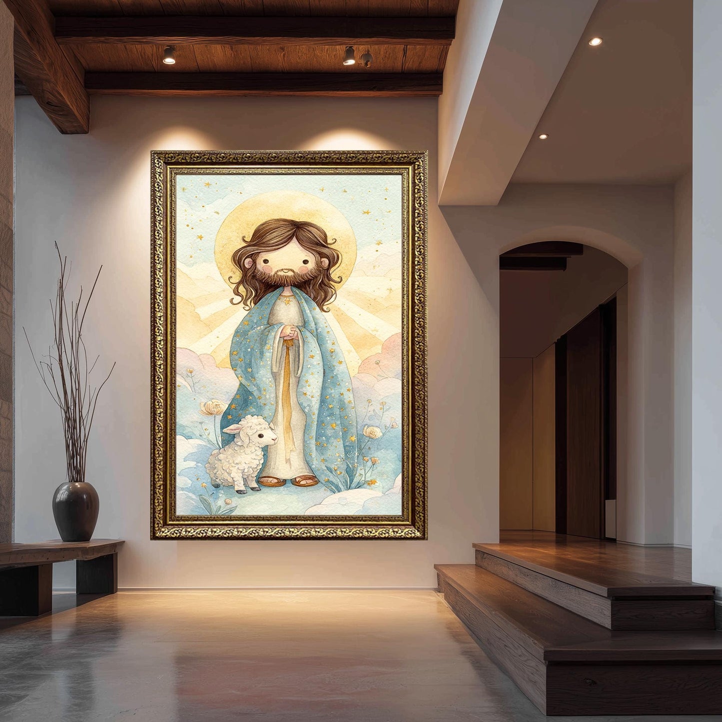 Cute Jesus Christ Storybook Art Print with Star Robe and Lamb Pastel Christian Nursery Decor for Kids Room or Baby Gift Wall Art Baby Jesus