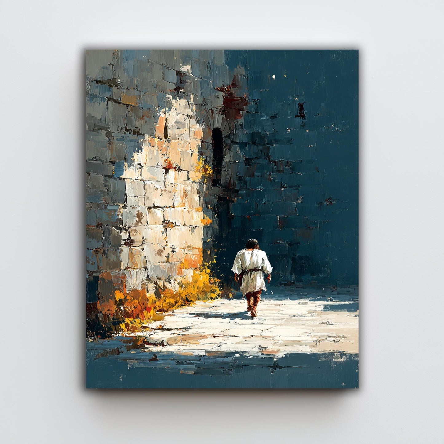 Jesus Walking Alone Along Ancient Wall Abstract Faith Painting Christian Wall Art Print for Reflection Spaces Prayer Rooms or Home Decor