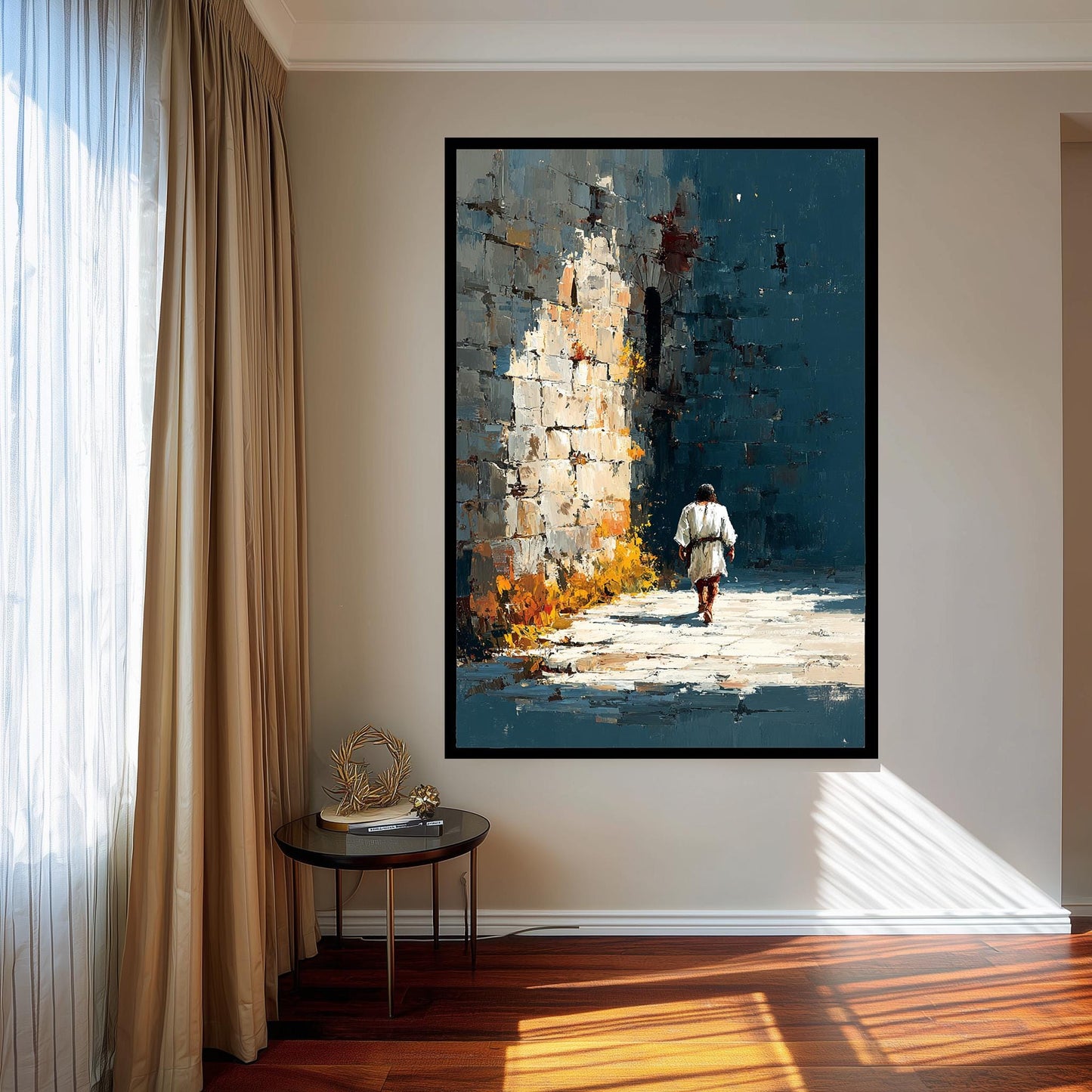 Jesus Walking Alone Along Ancient Wall Abstract Faith Painting Christian Wall Art Print for Reflection Spaces Prayer Rooms or Home Decor