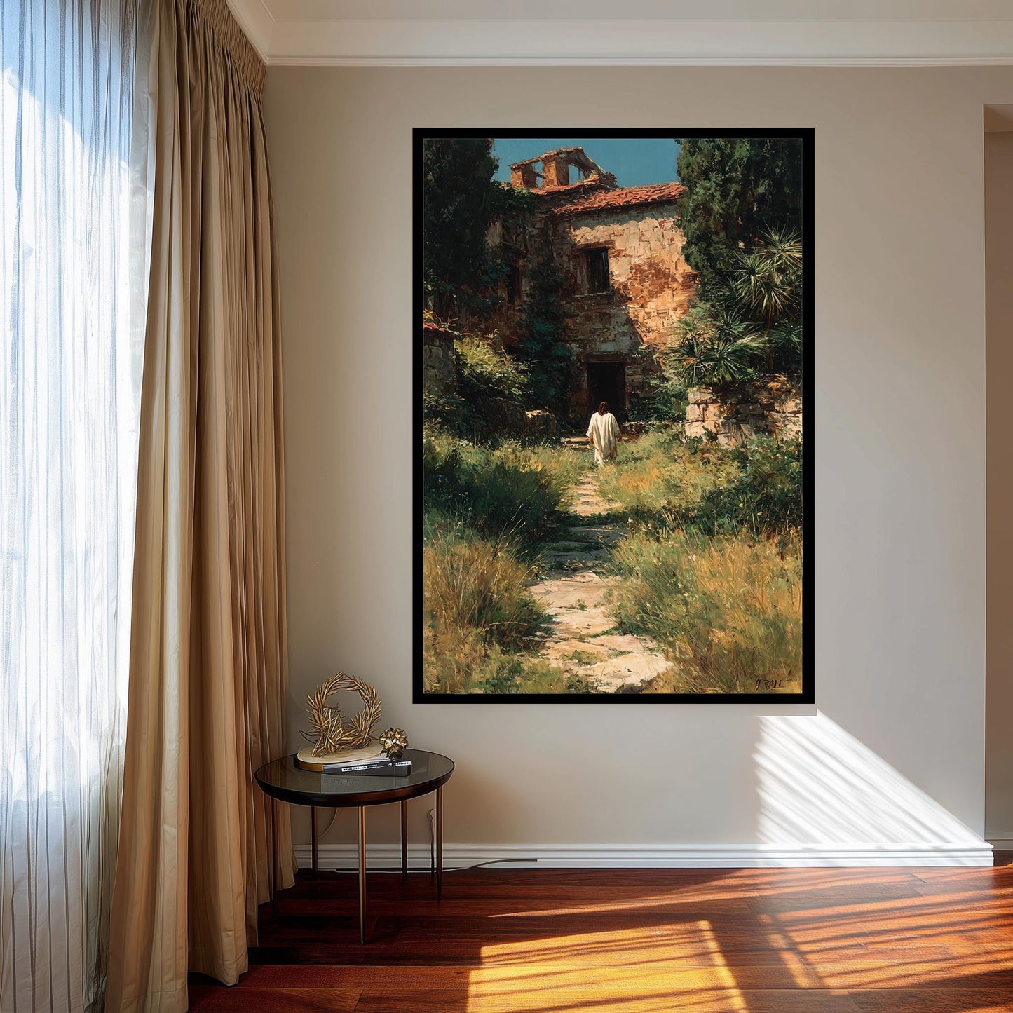 Jesus Walking Toward Ancient House in Overgrown Garden Rustic Faith Wall Art Print for Christian Home Prayer Room or Reflection Space