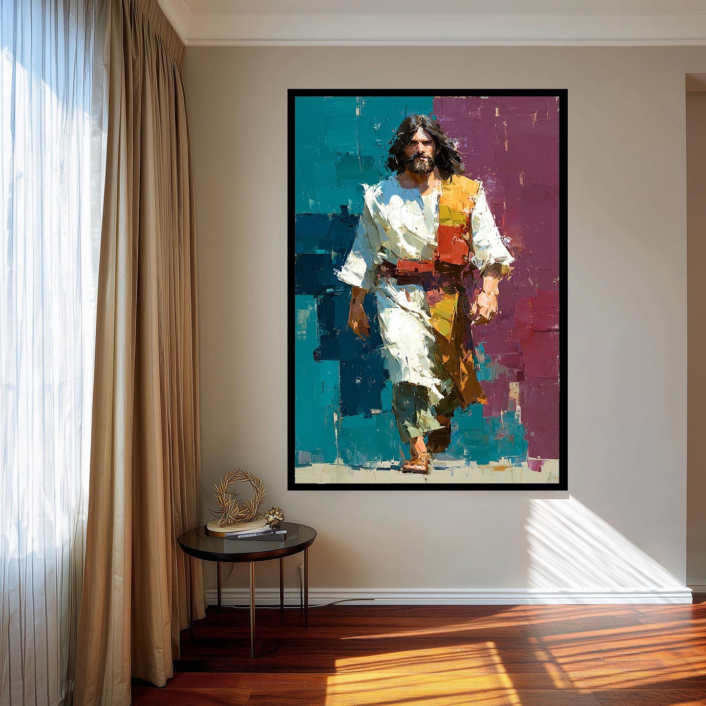 Jesus Walking Oil Painting on Canvas | Modern Abstract Religious Wall Art | Vibrant Christian Home Decor | Spiritual Gift for Believers