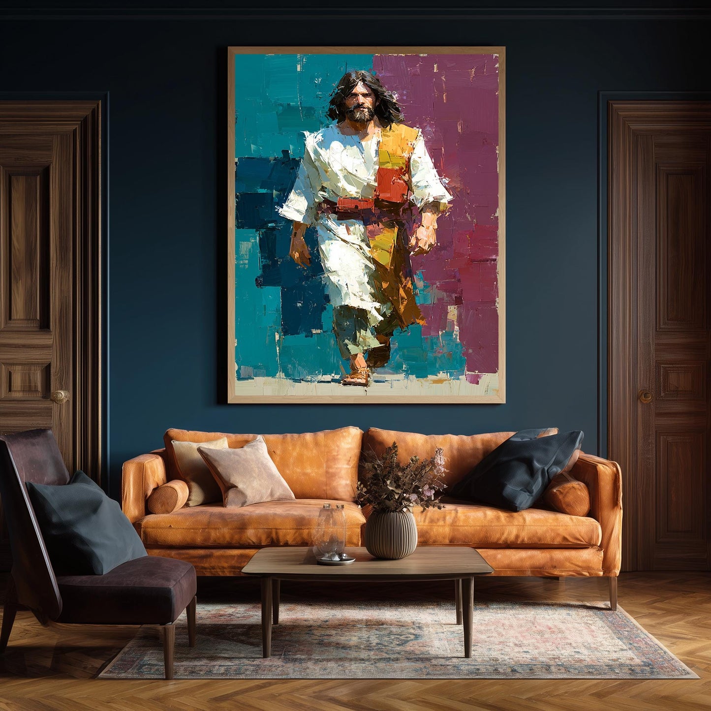 Jesus Walking Oil Painting on Canvas | Modern Abstract Religious Wall Art | Vibrant Christian Home Decor | Spiritual Gift for Believers