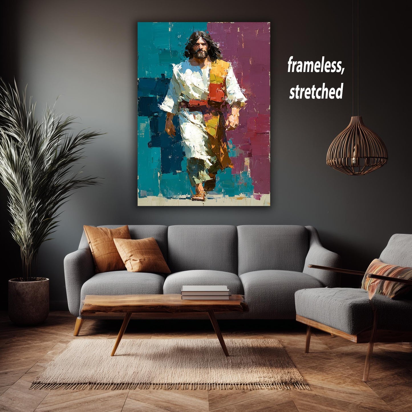 Jesus Walking Oil Painting on Canvas | Modern Abstract Religious Wall Art | Vibrant Christian Home Decor | Spiritual Gift for Believers