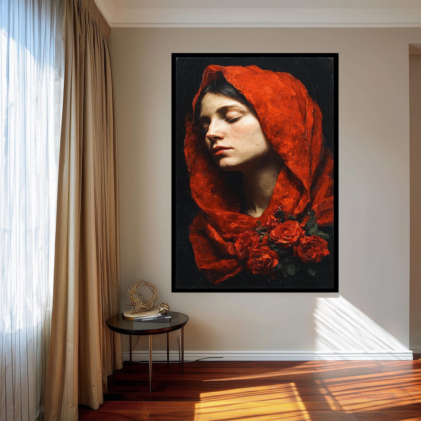 Mother Mary Roses Painting | Virgin Mary Wall Art with Red Veil and Floral Symbolism | Sacred Catholic Christian Home Decor Canvas