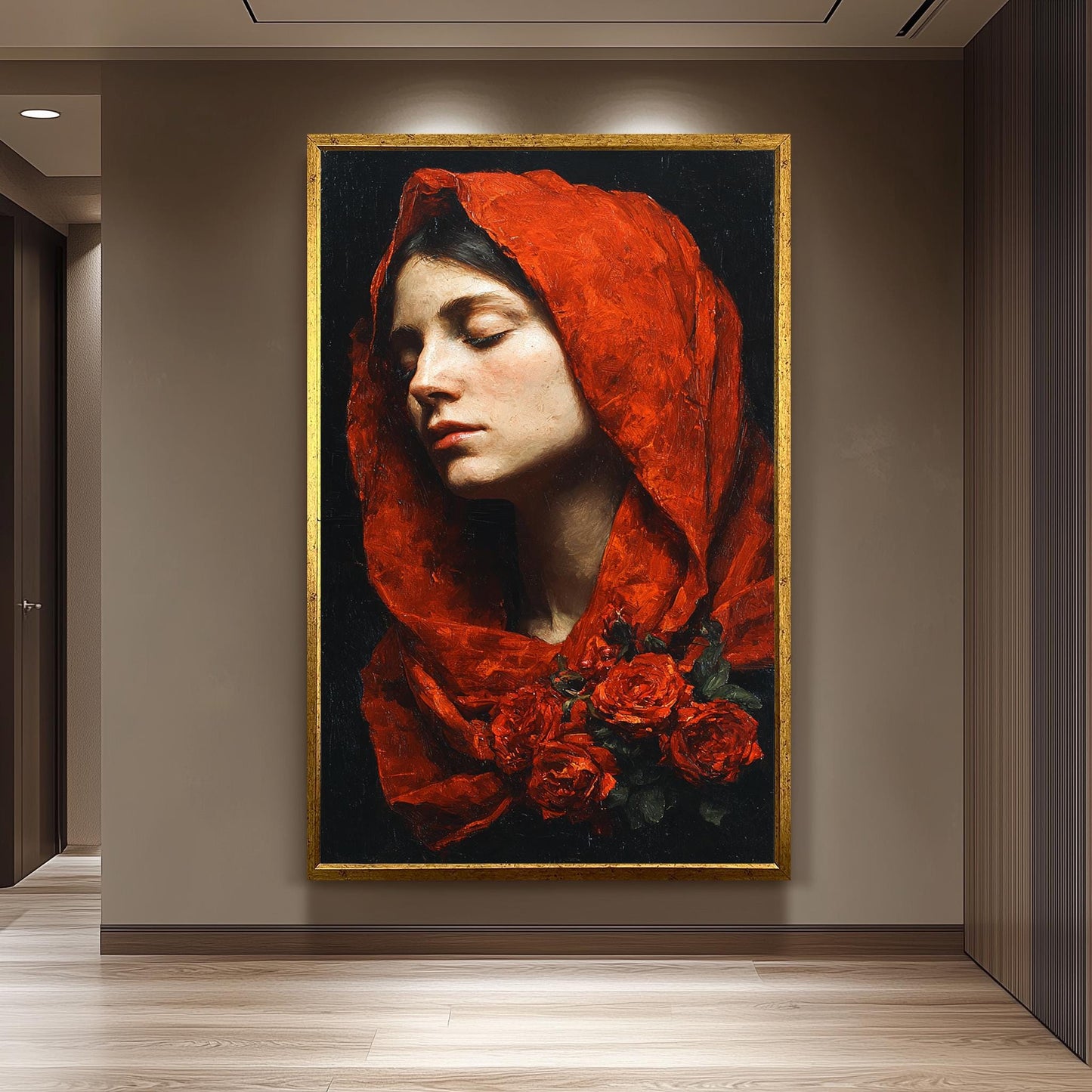 Mother Mary Roses Painting | Virgin Mary Wall Art with Red Veil and Floral Symbolism | Sacred Catholic Christian Home Decor Canvas