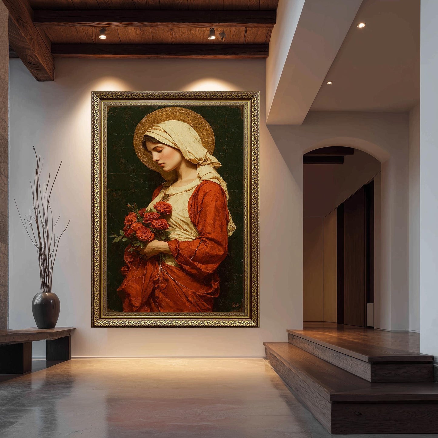 Virgin Mary Holding Roses Painting | Elegant Mother Mary Canvas Art with Golden Halo | Catholic Wall Decor for Prayer Room or Church
