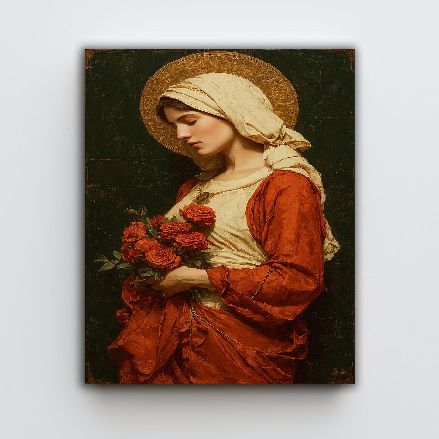 Virgin Mary Holding Roses Painting | Elegant Mother Mary Canvas Art with Golden Halo | Catholic Wall Decor for Prayer Room or Church