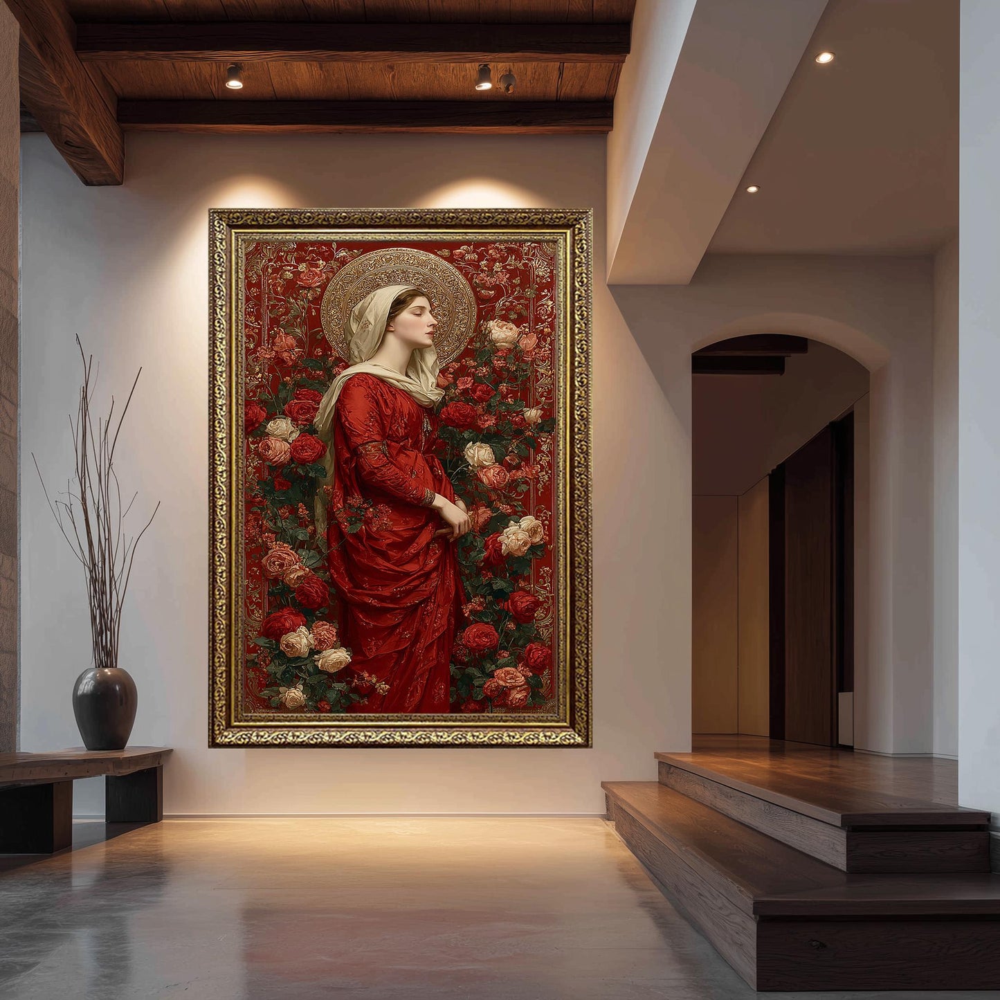 Mother Mary in Red Surrounded by Roses | Elegant Virgin Mary Canvas with Gold Halo | Catholic Religious Art for Prayer Room or Church