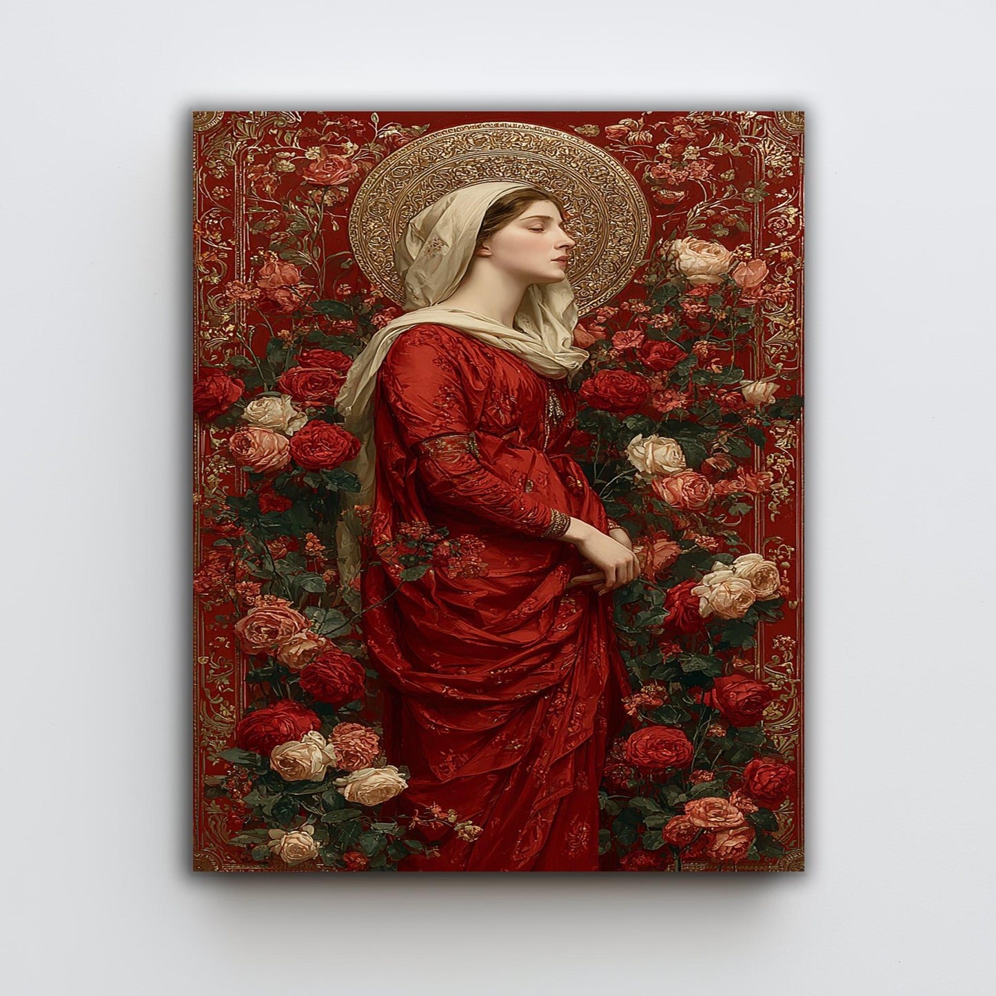 Mother Mary in Red Surrounded by Roses | Elegant Virgin Mary Canvas with Gold Halo | Catholic Religious Art for Prayer Room or Church