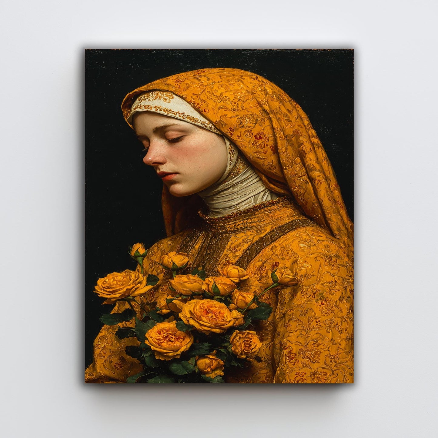 Mother Mary in Golden Robes with Yellow Roses | Peaceful Virgin Mary Canvas Art | Catholic Religious Wall Decor for Faithful Homes