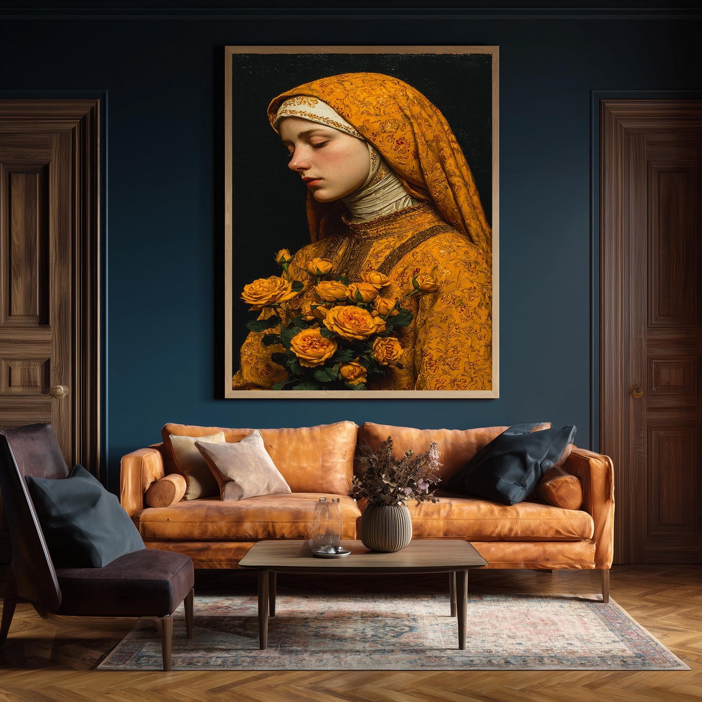 Mother Mary in Golden Robes with Yellow Roses | Peaceful Virgin Mary Canvas Art | Catholic Religious Wall Decor for Faithful Homes