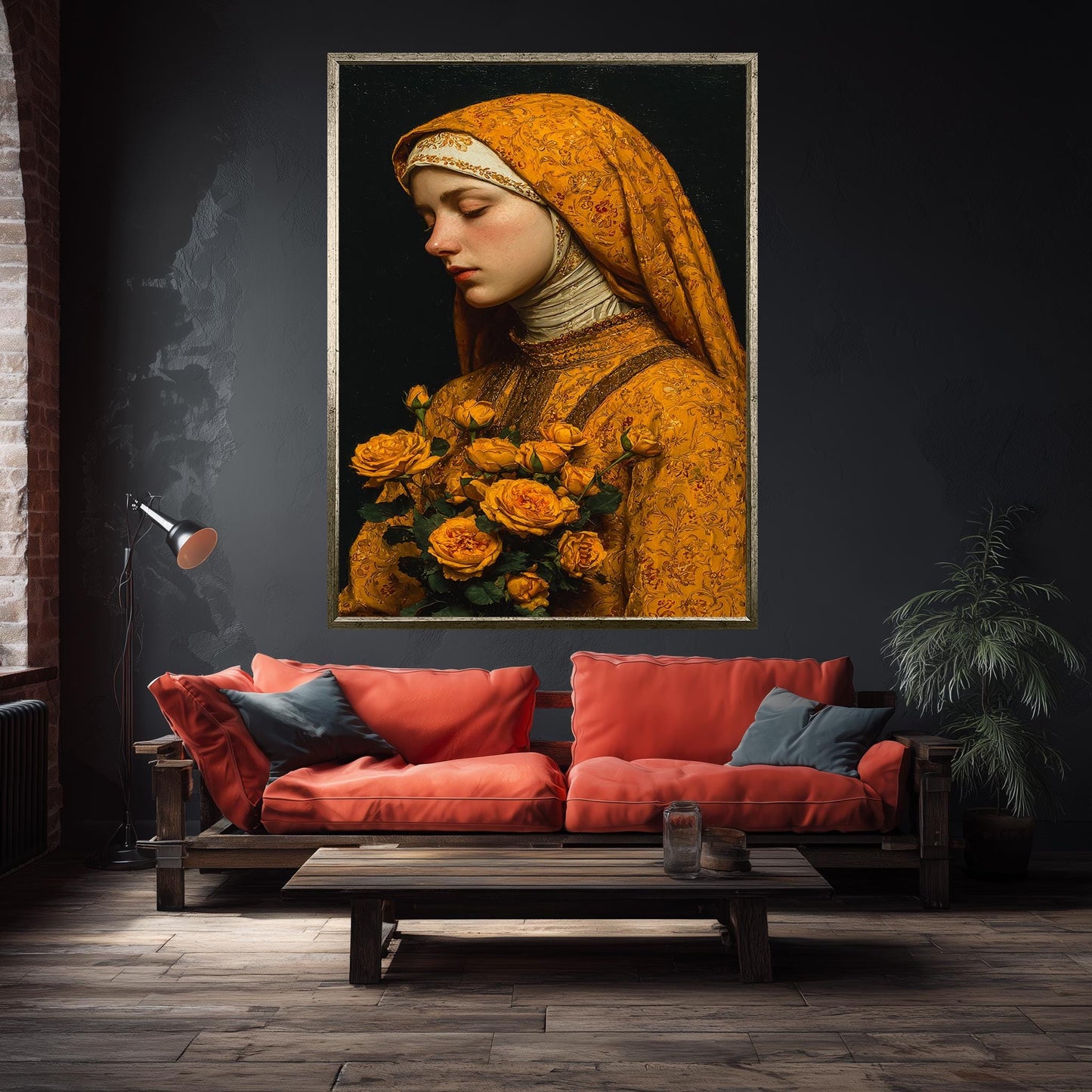 Mother Mary in Golden Robes with Yellow Roses | Peaceful Virgin Mary Canvas Art | Catholic Religious Wall Decor for Faithful Homes