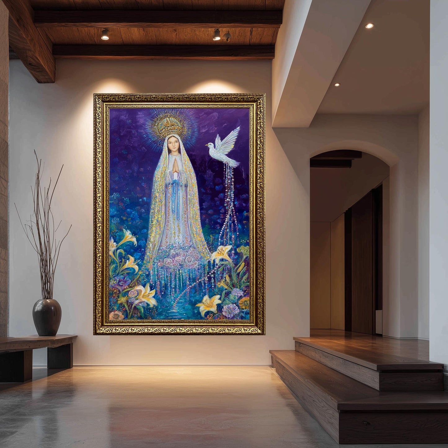 Our Lady of Grace in Crown with Dove and Lilies | Mystical Virgin Mary Painting with Rosy Gown and Floral Light | Catholic Wall Art Mary Art