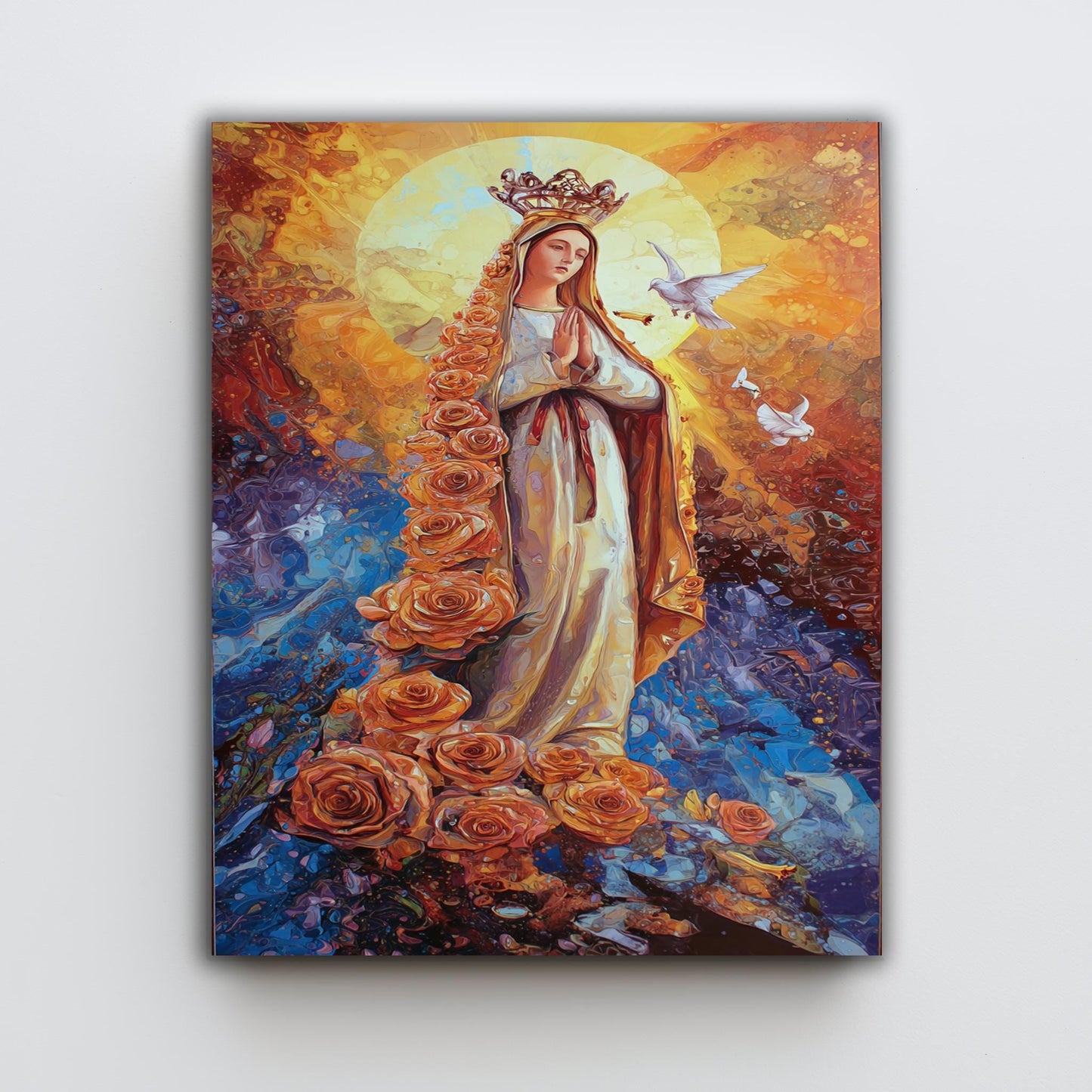 Virgin Mary Wall Art Blessed Mother Canvas Print with Roses and Doves Religious Catholic Artwork Spiritual Christian Home Decor Mother Mary