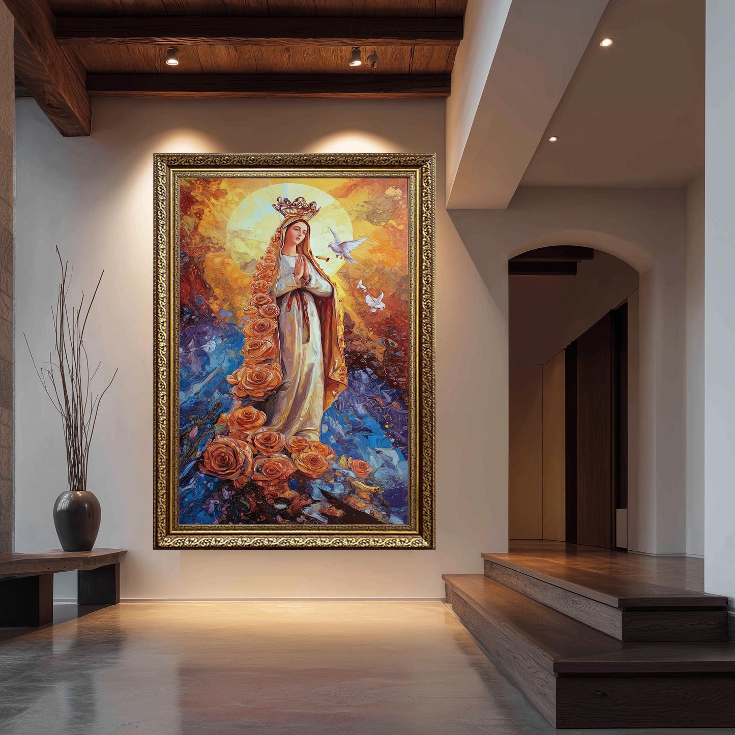 Virgin Mary Wall Art Blessed Mother Canvas Print with Roses and Doves Religious Catholic Artwork Spiritual Christian Home Decor Mother Mary