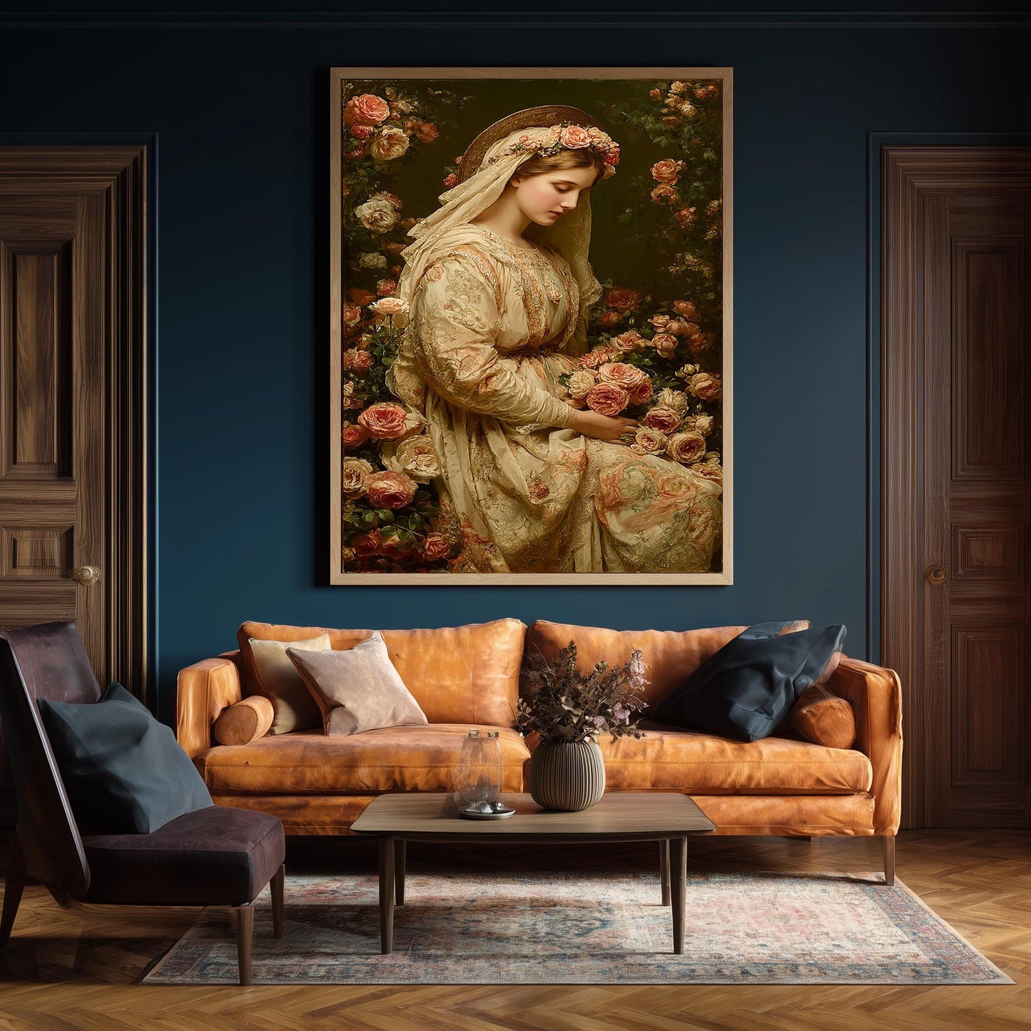 Vintage Virgin Mary Wall Art Catholic Canvas Print With Rose Crown Holy Mother In Embroidered Robe Surrounded By Blush Floral Garden