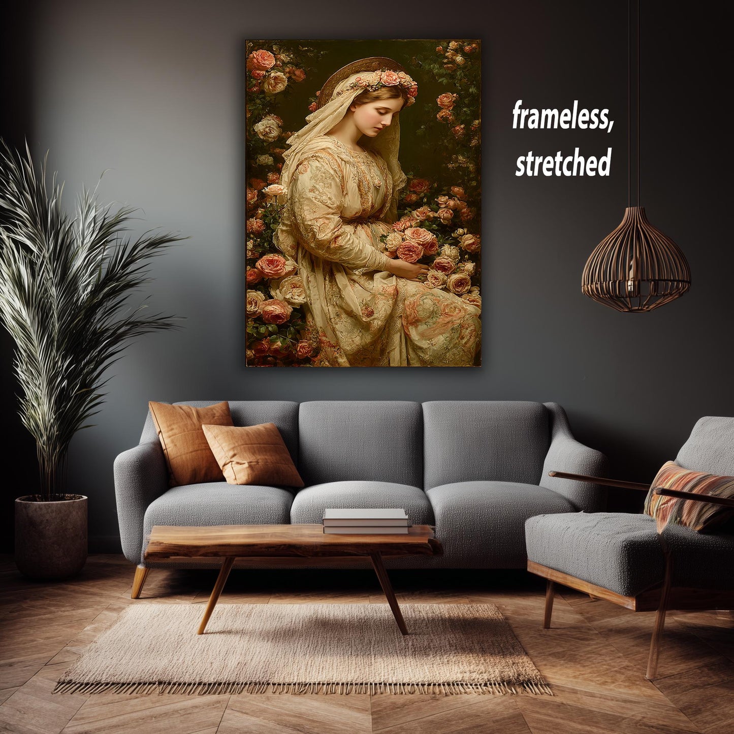 Vintage Virgin Mary Wall Art Catholic Canvas Print With Rose Crown Holy Mother In Embroidered Robe Surrounded By Blush Floral Garden
