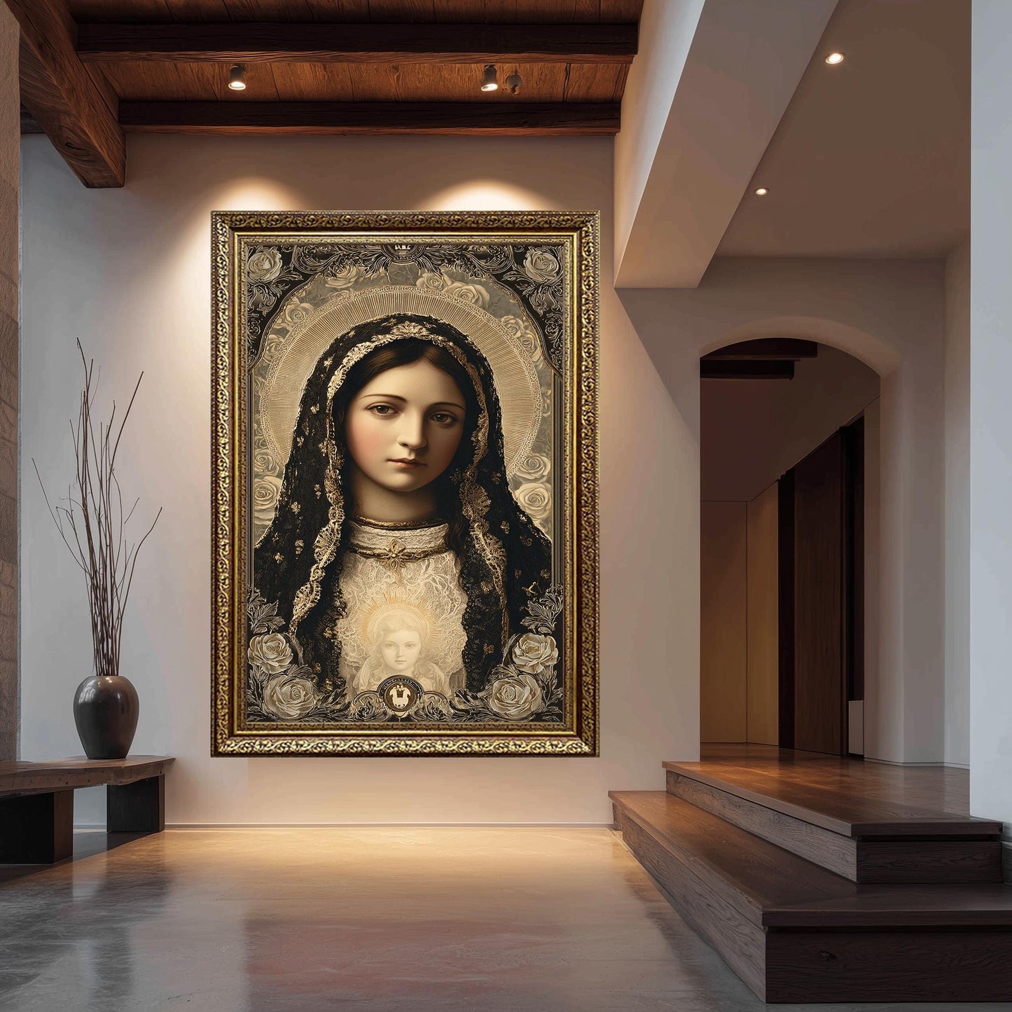 Our Lady Of Guadalupe Wall Art Catholic Canvas Print Black And Gold Sacred Virgin Mary Portrait With Child Holy Religious Home Decor