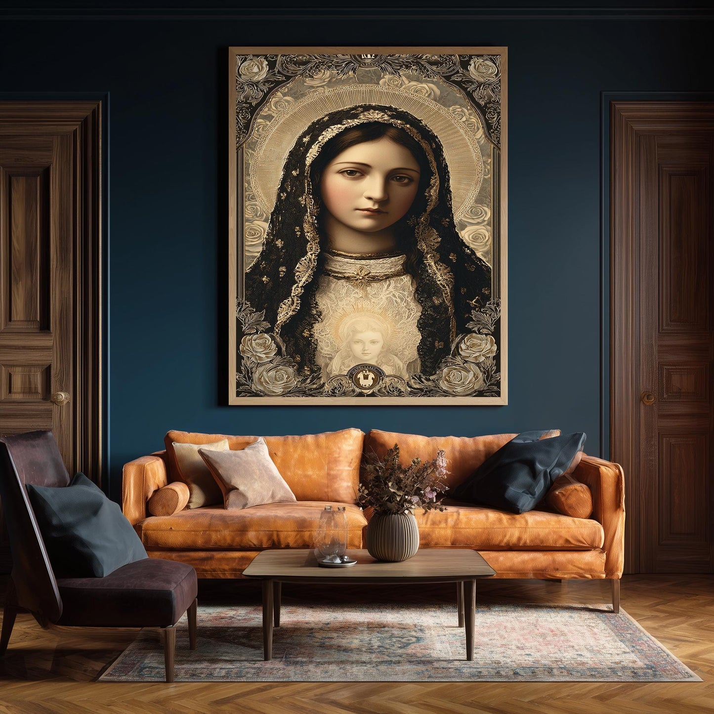 Our Lady Of Guadalupe Wall Art Catholic Canvas Print Black And Gold Sacred Virgin Mary Portrait With Child Holy Religious Home Decor
