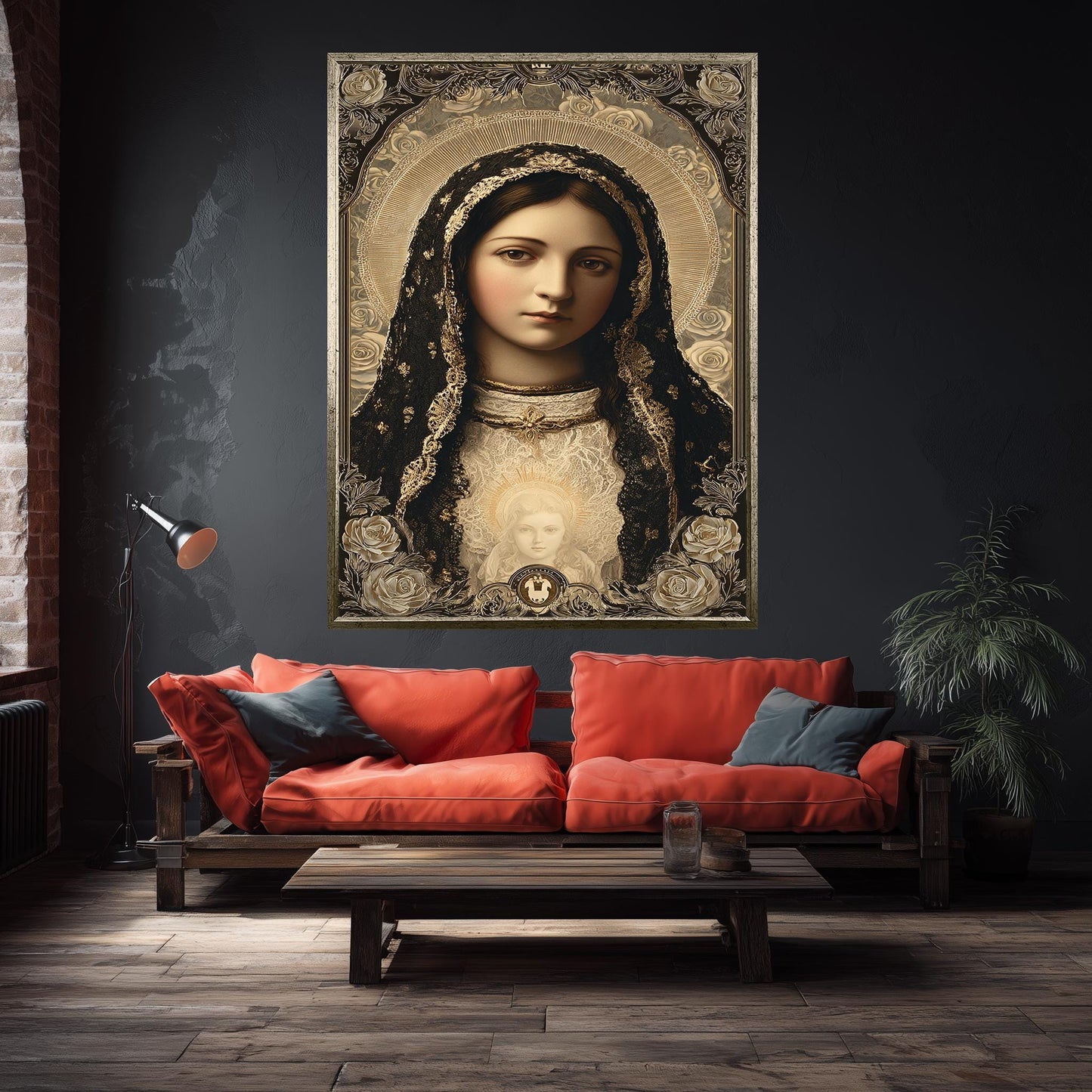 Our Lady Of Guadalupe Wall Art Catholic Canvas Print Black And Gold Sacred Virgin Mary Portrait With Child Holy Religious Home Decor