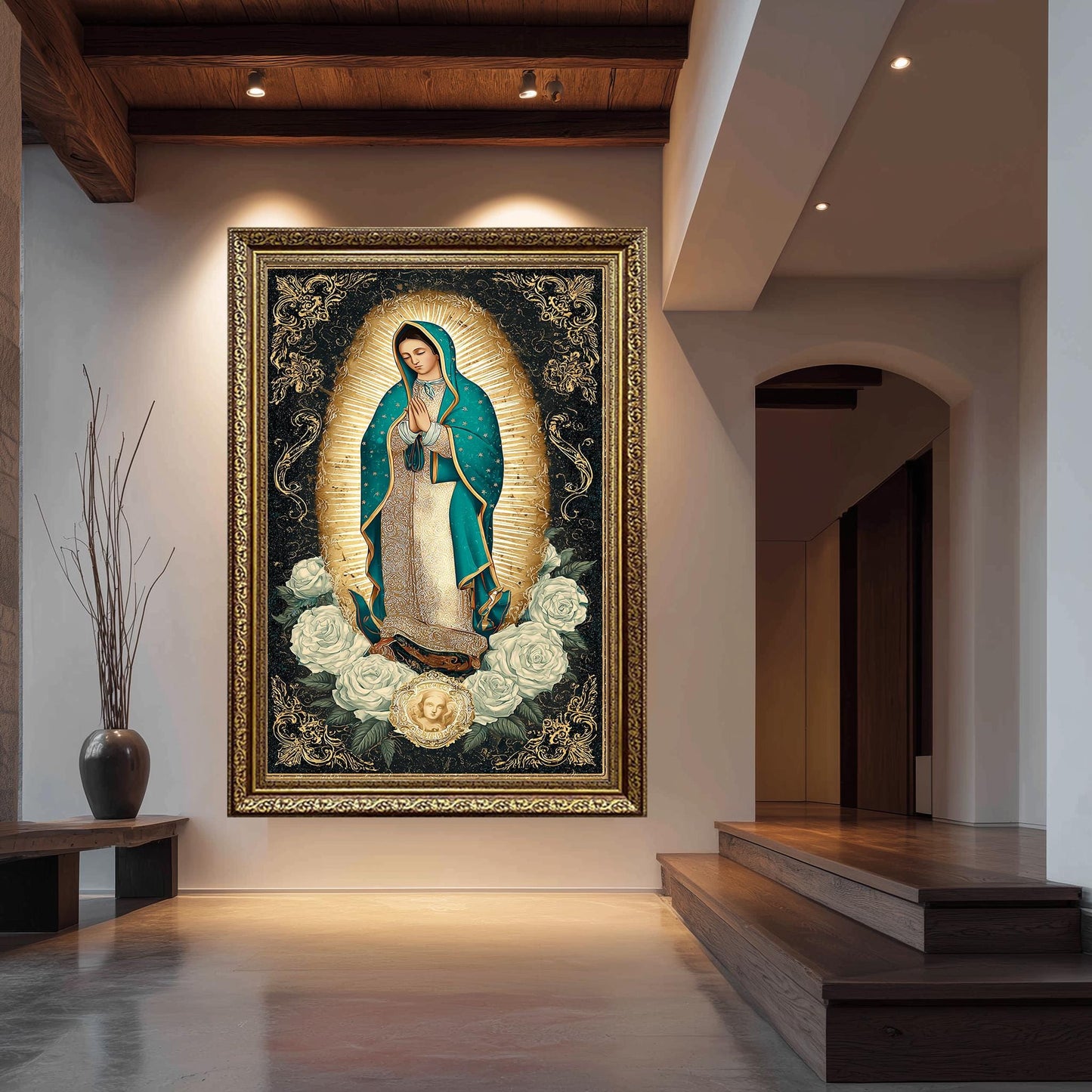 Our Lady Of Guadalupe Wall Art Full Body Catholic Canvas Print Virgin Mary In Teal Mantle Surrounded By Gold Light And White Roses