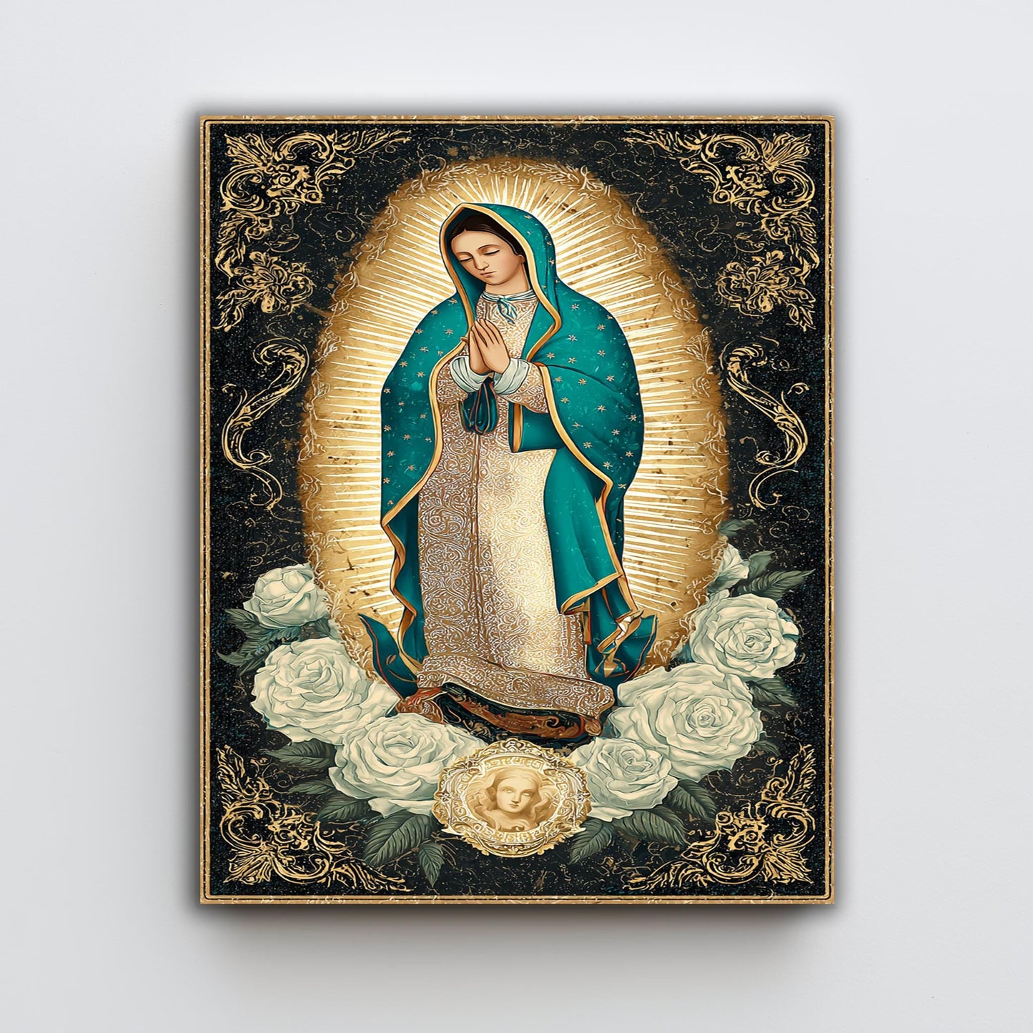 Our Lady Of Guadalupe Wall Art Full Body Catholic Canvas Print Virgin Mary In Teal Mantle Surrounded By Gold Light And White Roses