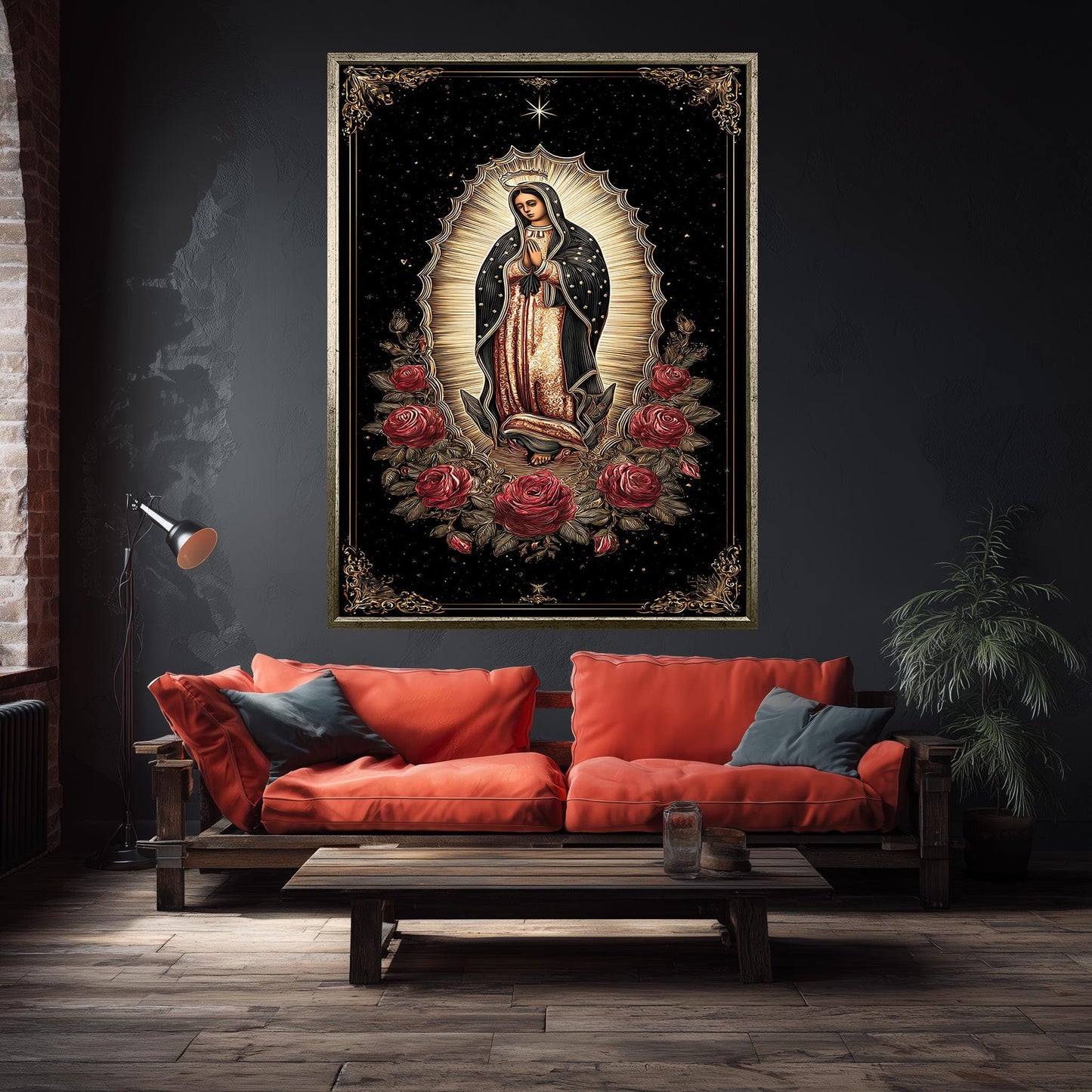 Our Lady Of Guadalupe Full Body Wall Art With Crown Surrounded By Roses Catholic Canvas Print Golden Light On Black Spiritual Background