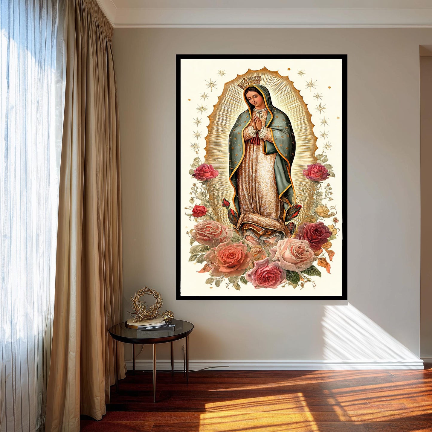 Our Lady Of Guadalupe Full Body Canvas Print With Crown Surrounded By Roses And Gold Light On Cream Background Catholic Wall Art Mother Mary