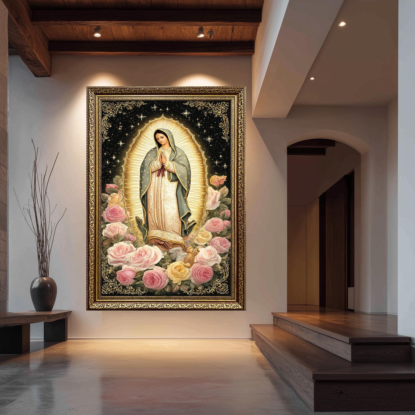 Our Lady Of Guadalupe Full Body Canvas Print With Angel Surrounded By Soft Roses And Golden Light On Starry Background Catholic Wall Art