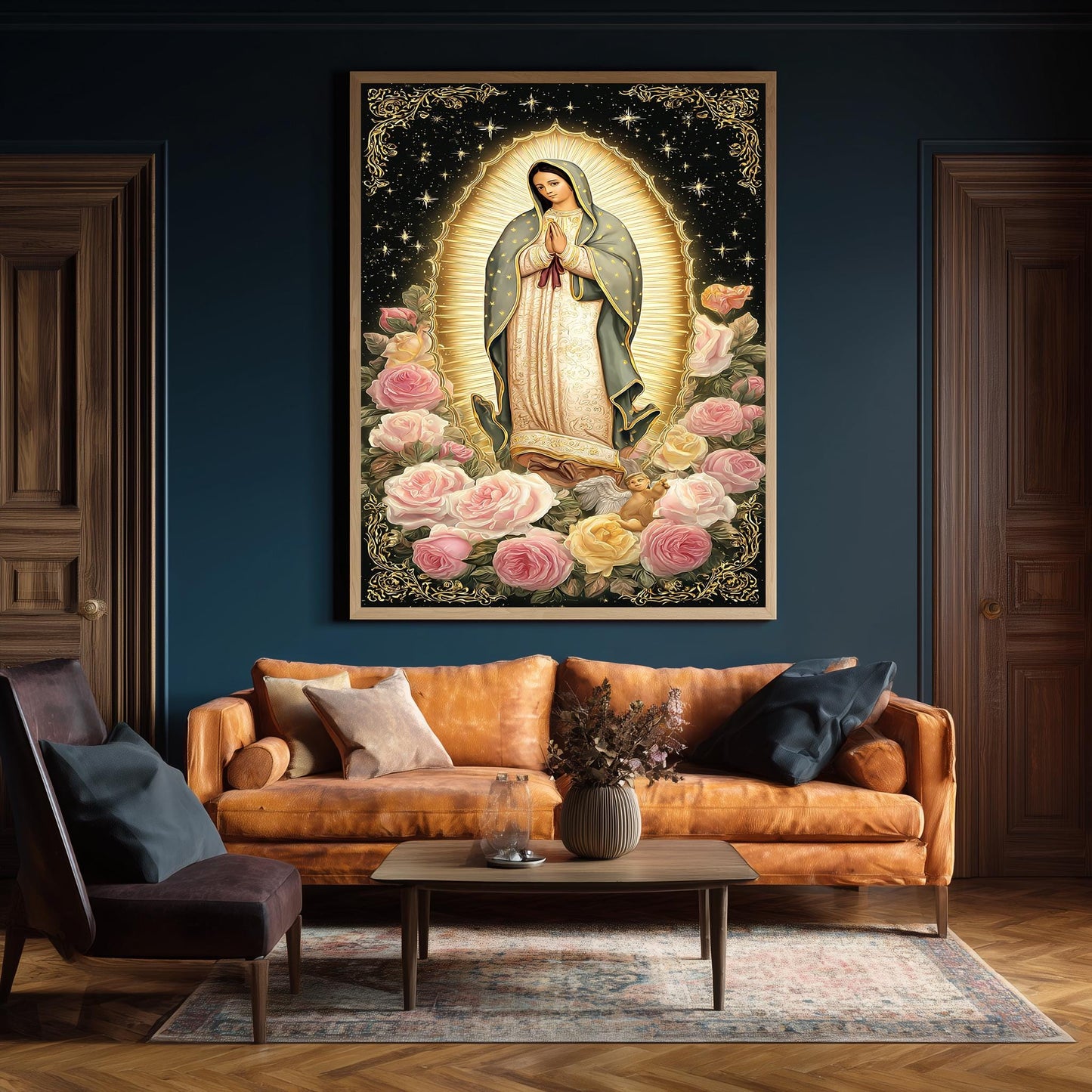Our Lady Of Guadalupe Full Body Canvas Print With Angel Surrounded By Soft Roses And Golden Light On Starry Background Catholic Wall Art