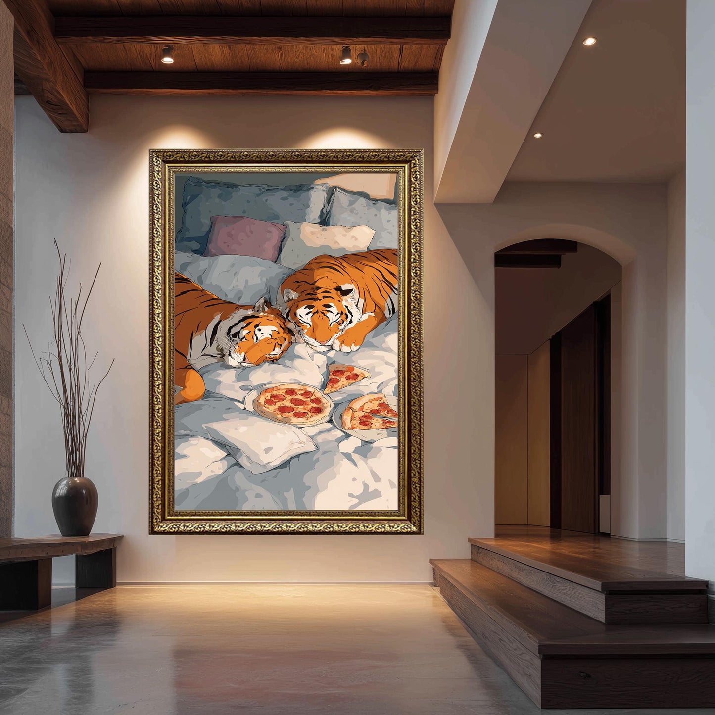 Whimsical Tigers In Bed Wall Art Funny Animal Canvas Print Two Tigers Eating Pizza In Cozy Bedding Surreal Pop Art Home Decor