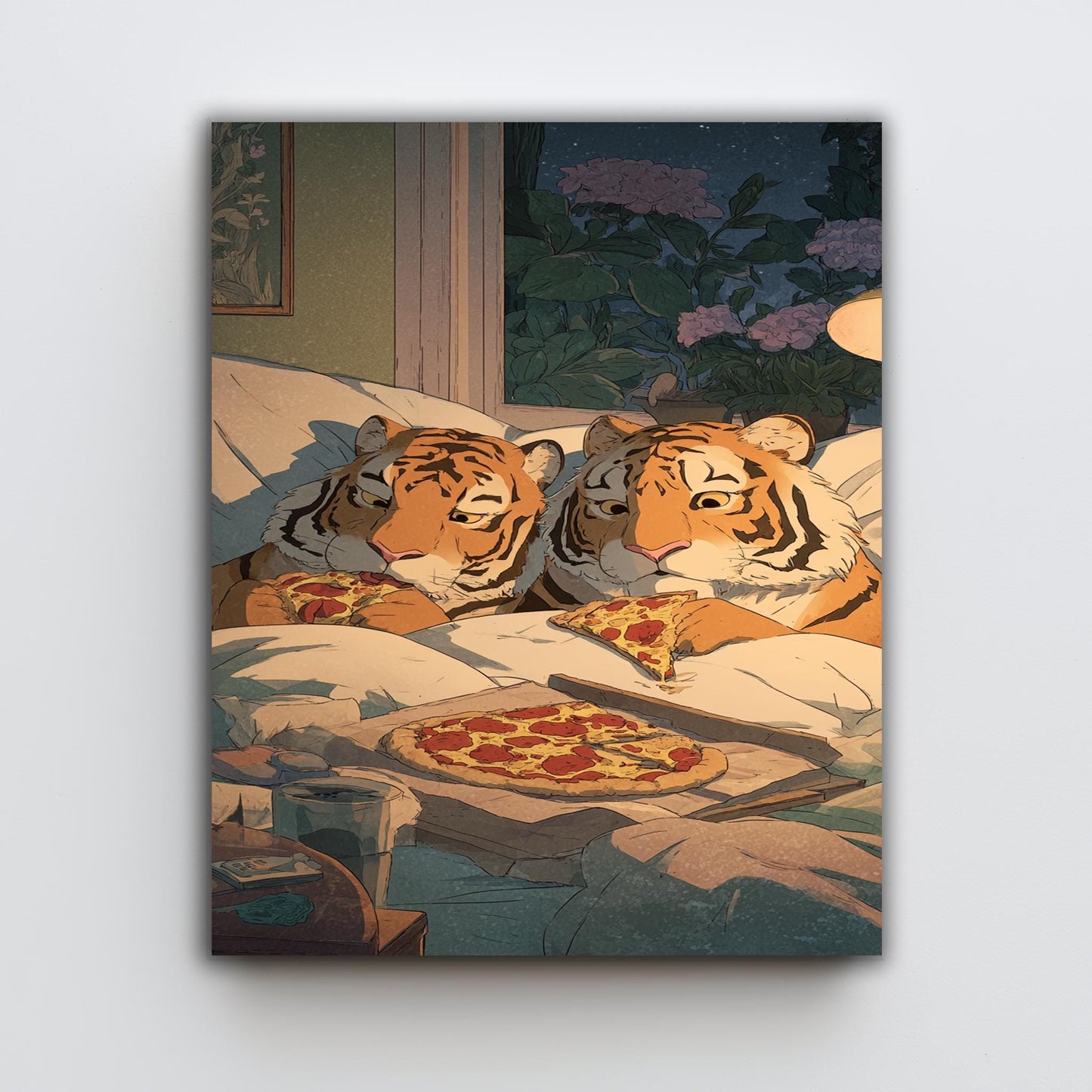 Cozy Tigers Eating Pizza Wall Art Whimsical Animal Canvas Print Two Tigers Sharing Pepperoni Pizza In Bed Under Starry Night Tiger Wall Art