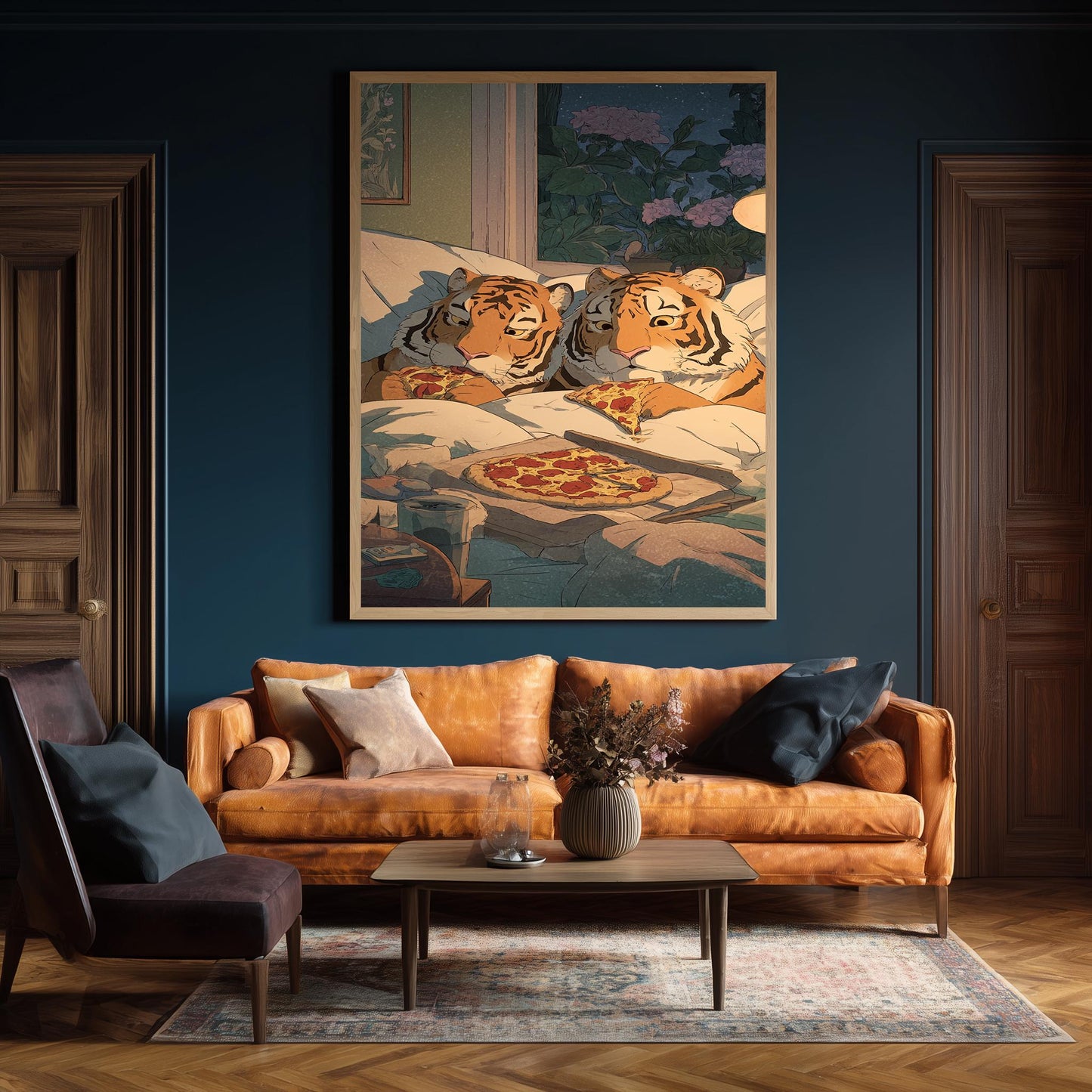 Cozy Tigers Eating Pizza Wall Art Whimsical Animal Canvas Print Two Tigers Sharing Pepperoni Pizza In Bed Under Starry Night Tiger Wall Art