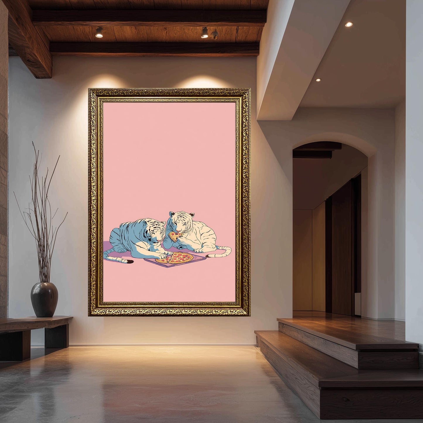 Retro White Tigers Eating Pizza Wall Art Pastel Pop Art Canvas Print 80s Style Tigers With Pepperoni Pizza On Pink Background Tiger Wall Art