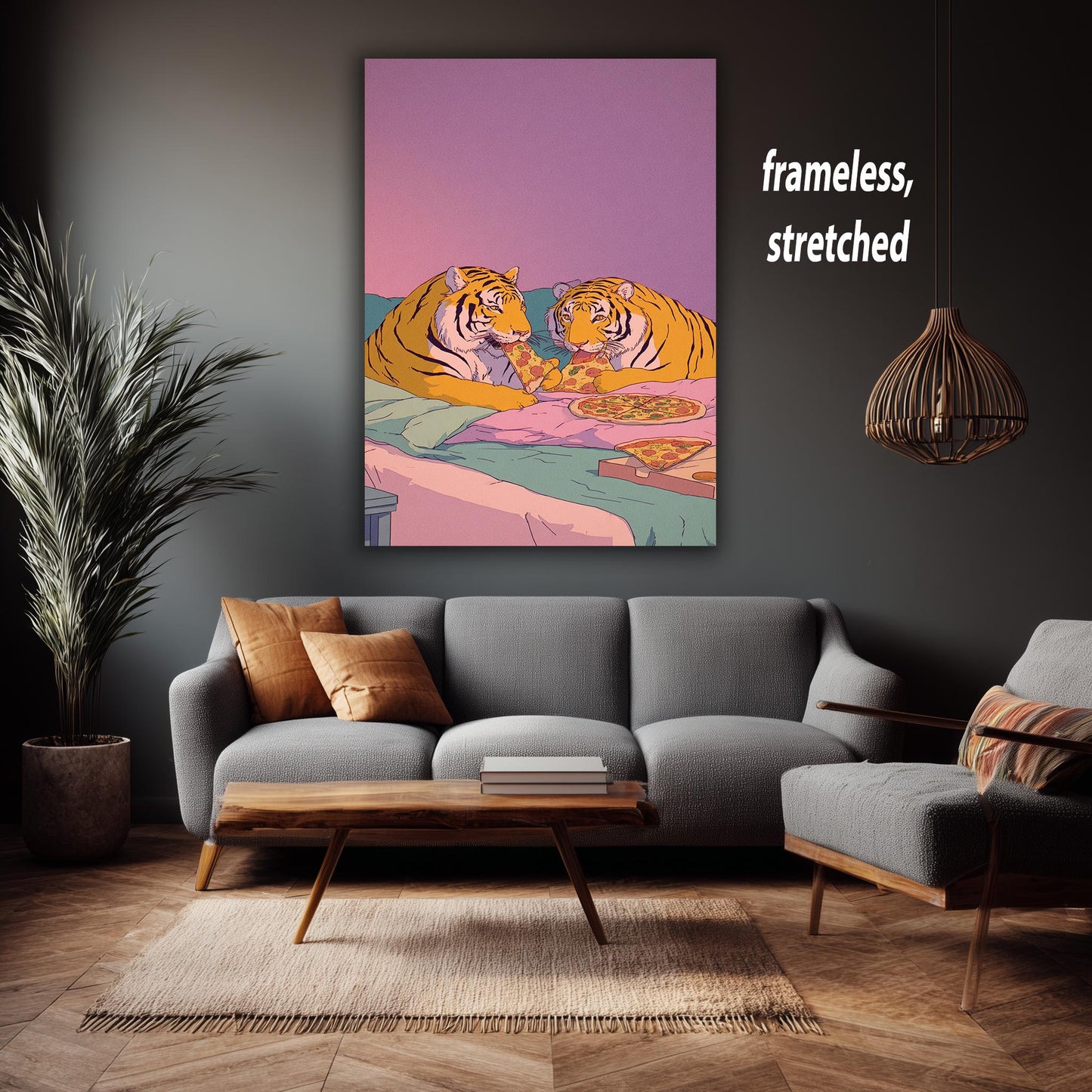 Pastel Tigers Eating Pizza Wall Art Retro 80s Style Canvas Print Two Tigers In Bed Sharing Pizza Under Gradient Sunset Colors Tiger Wall Art