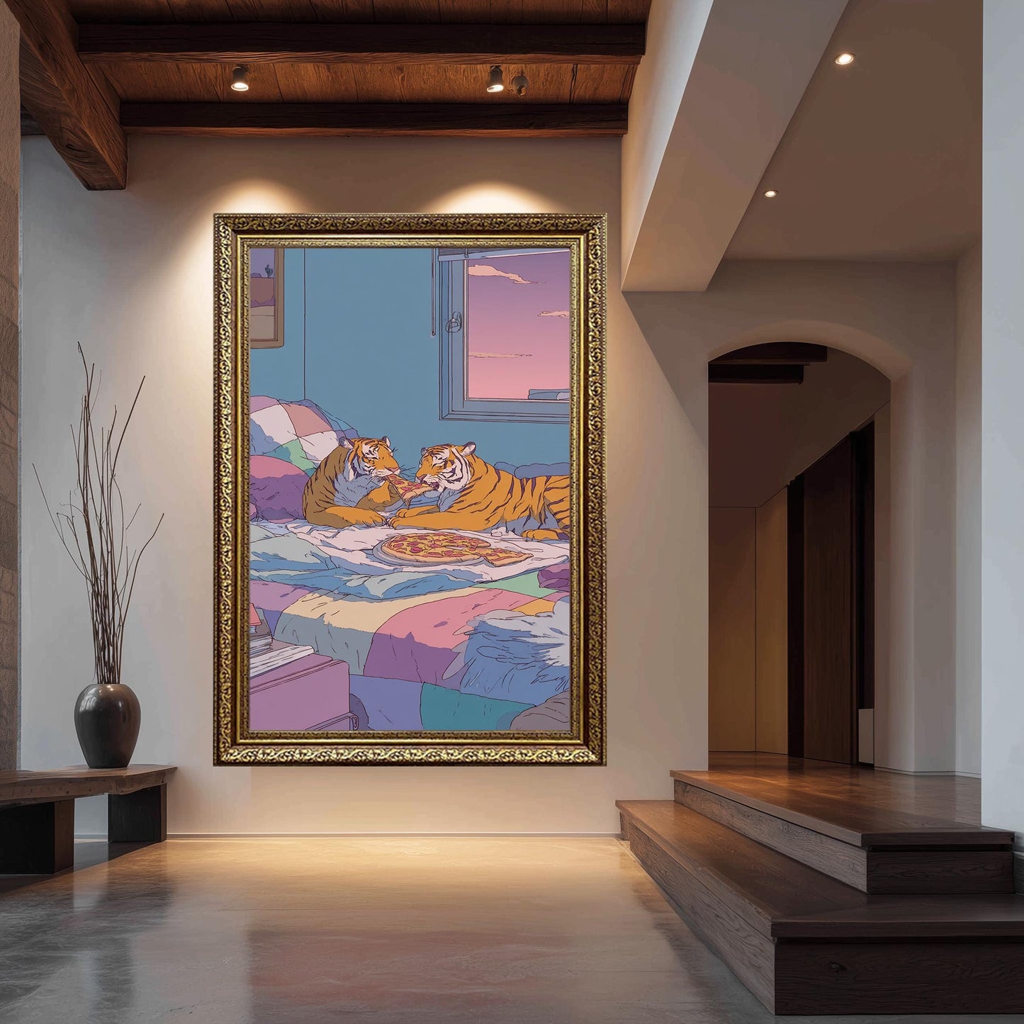 Two Tigers Eating Pepperoni Pizza in Cozy Pastel Bedroom with 80s Retro Aesthetic Whimsical Animal Art Print for Home Wall Decor Tiger Art