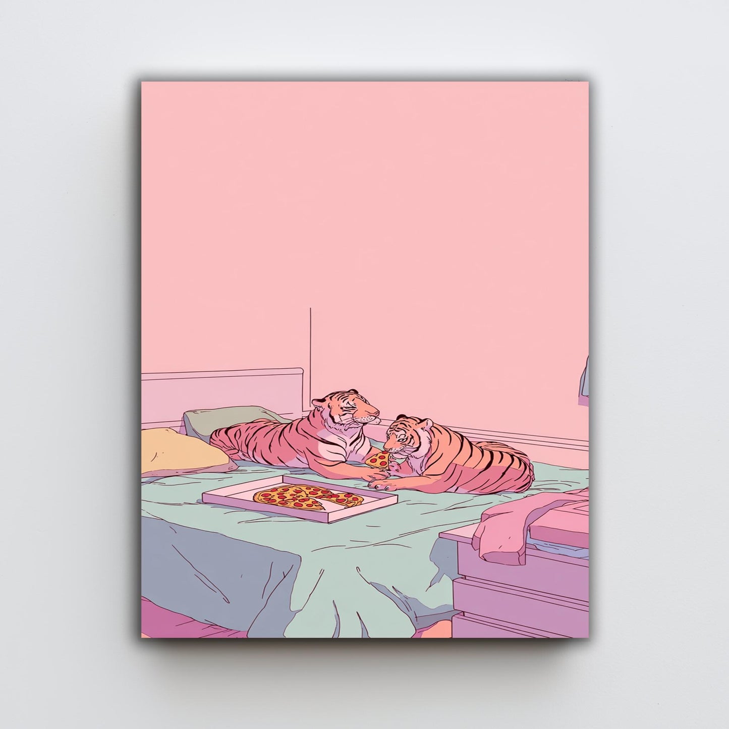 Funny Illustration of Two Tigers Sharing Pizza in a Pastel Pink Room Retro 80s Aesthetic Animal Artwork for Whimsical Bedroom or Dorm Art