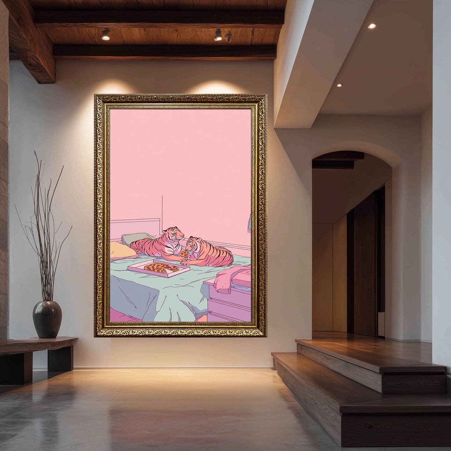 Funny Illustration of Two Tigers Sharing Pizza in a Pastel Pink Room Retro 80s Aesthetic Animal Artwork for Whimsical Bedroom or Dorm Art