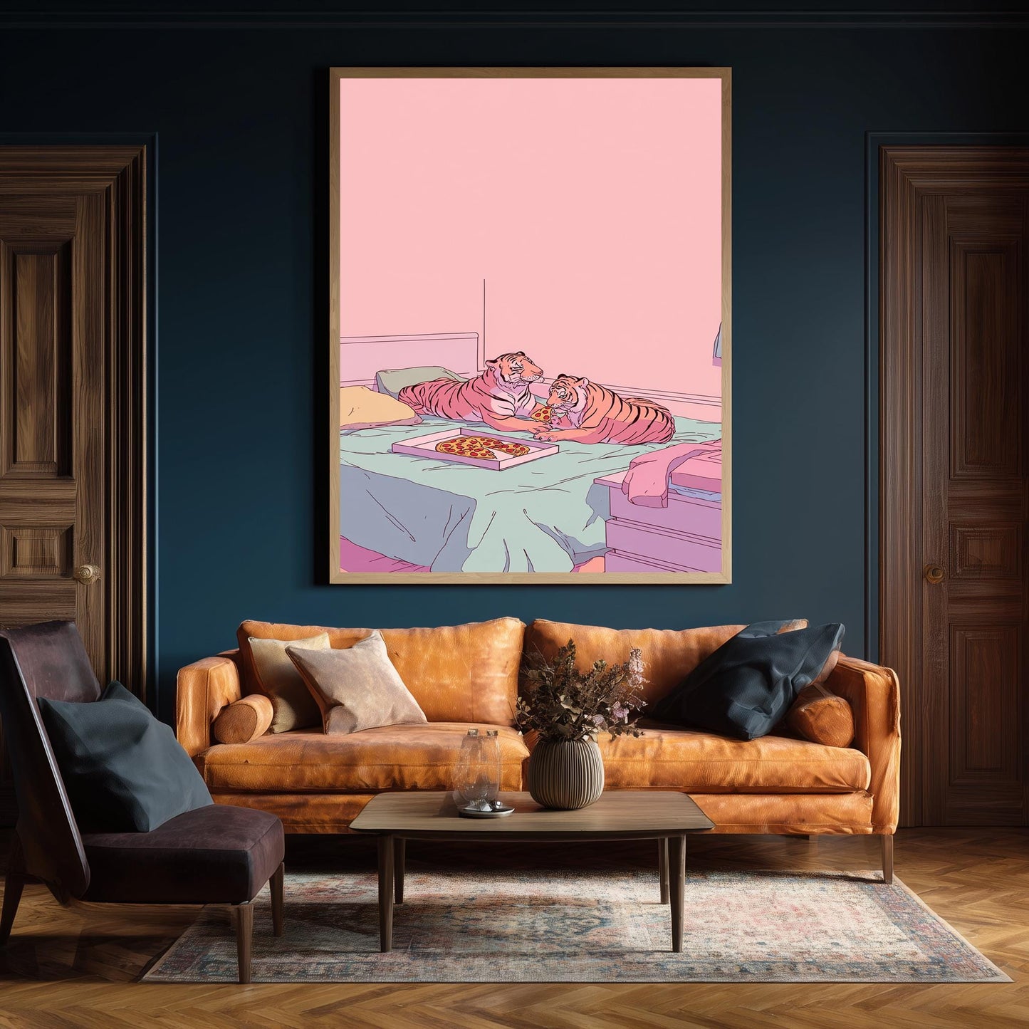 Funny Illustration of Two Tigers Sharing Pizza in a Pastel Pink Room Retro 80s Aesthetic Animal Artwork for Whimsical Bedroom or Dorm Art