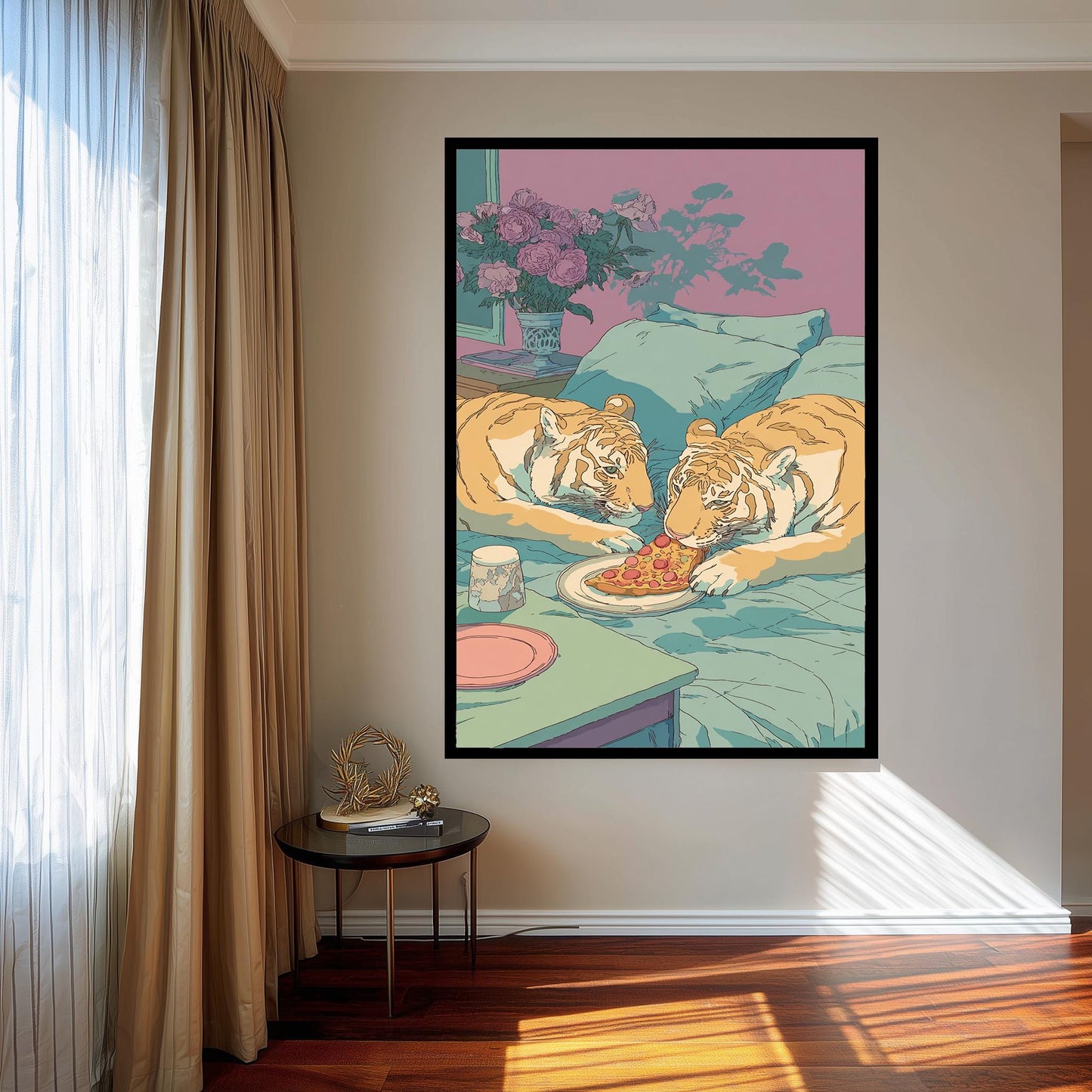 Romantic Tigers Sharing Pizza in a Dreamy Pastel Bedroom Whimsical Retro 80s Animal Illustration for Cute Couple or Cozy Decor Tiger Print