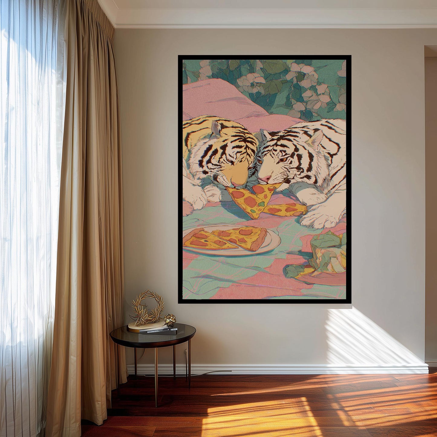 Two White Tigers Sharing Pizza in Bed Romantic & Playful Pastel Illustration with Retro 80s Vibes, Whimsical Animal Wall Art Tiger Artwork