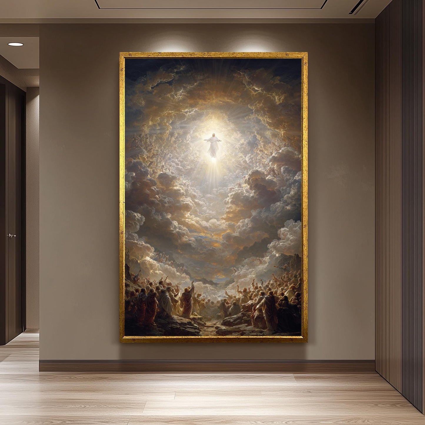 Heavenly Ascension of Jesus Christ Radiant Divine Light, Angels in the Clouds, and Worshippers Witnessing the Glory of Christ Rising